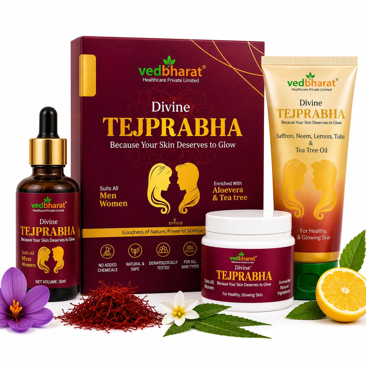 Divine Tejprabha Skin Care Combo with Saffron, Neem, Aloe Vera & Tea Tree, Serum, Cream and Face Wash, for All Skin Types-image-40