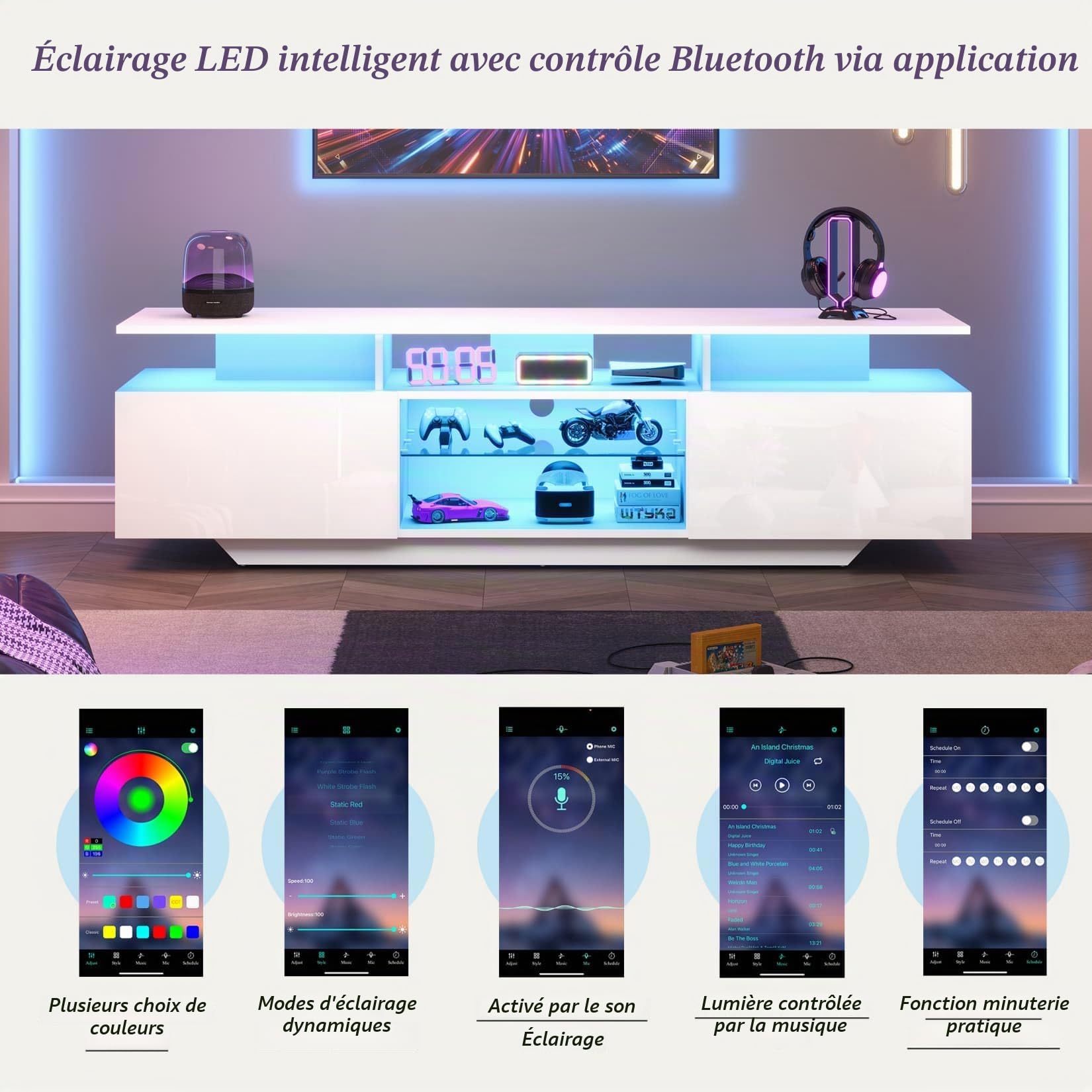 Meuble TV Blanc 160x40x45cm,Meuble Tele Brillant avec éclairage LED Réglable,2 Armoires,8 étagères,pour Téléviseurs D'environ 70 Pouces (I)