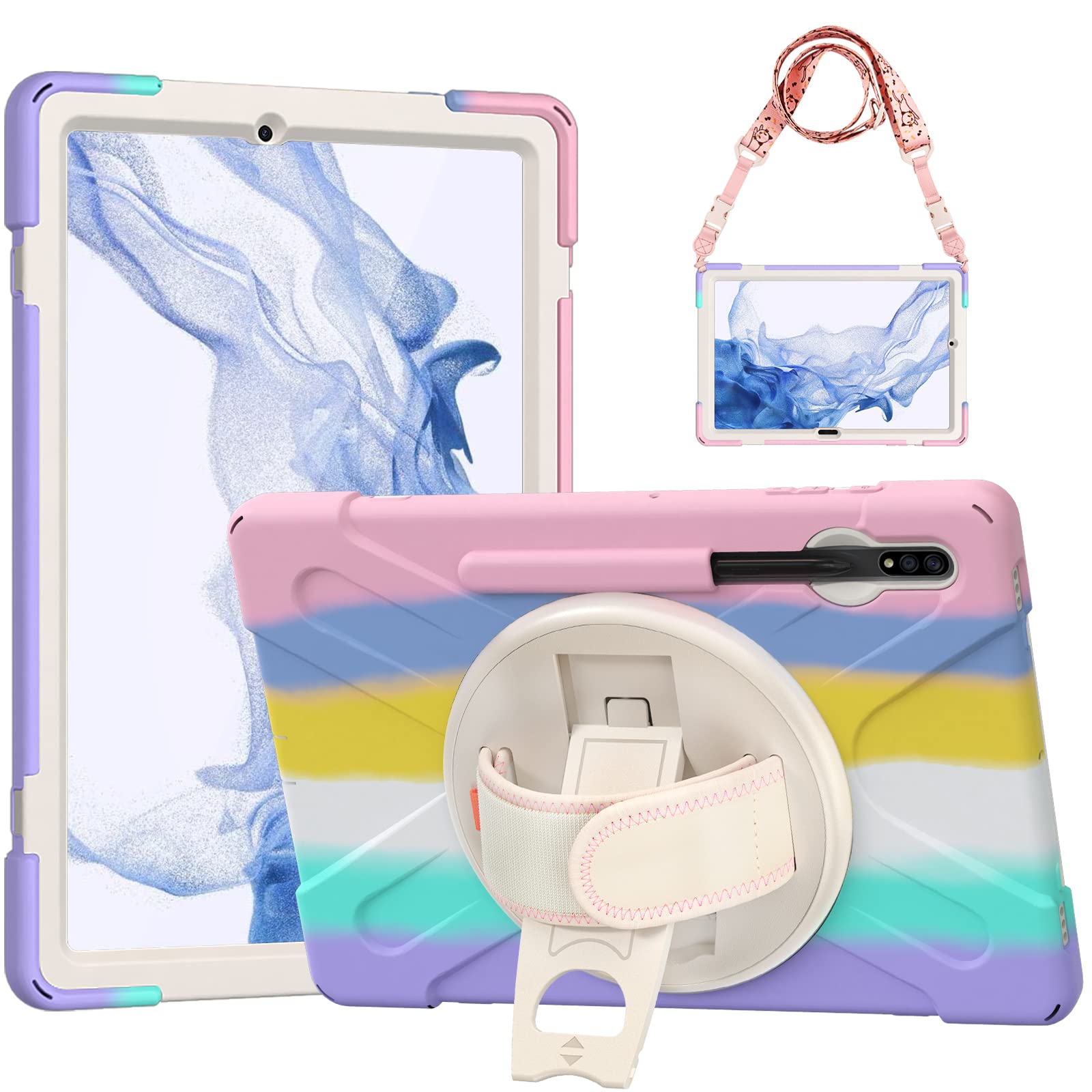 Gerutek Hülle für Samsung Galaxy Tab S10+/Tab S9+/Tab S9 FE+/Tab S7 FE/Tab S8+/Tab S7+ 12,4 Zoll, Stoßfeste Robust Panzerhülle mit Stifthalter Drehbarer Ständer Schutzhülle für Tab S10+, Bunt Rosa