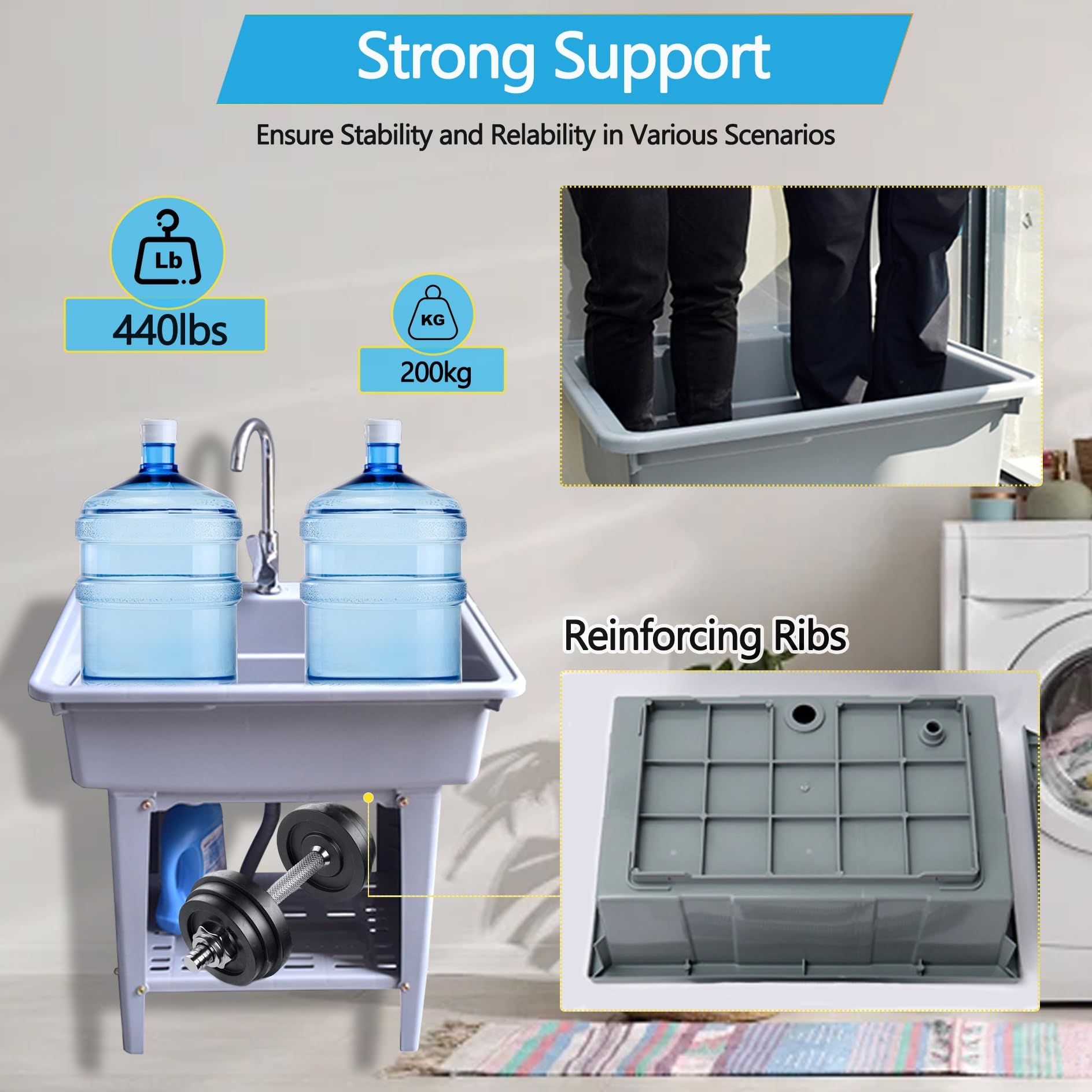 Fregadero Portátil,Barreño de Plástico,Lavadero pila Exterior,Lavamanos Portatil con Grifo y Juego de Desagüe,Lavabo para Interior Jardin Cocina Baño Camping Terraza Restaurante Lavandería(Blauw)