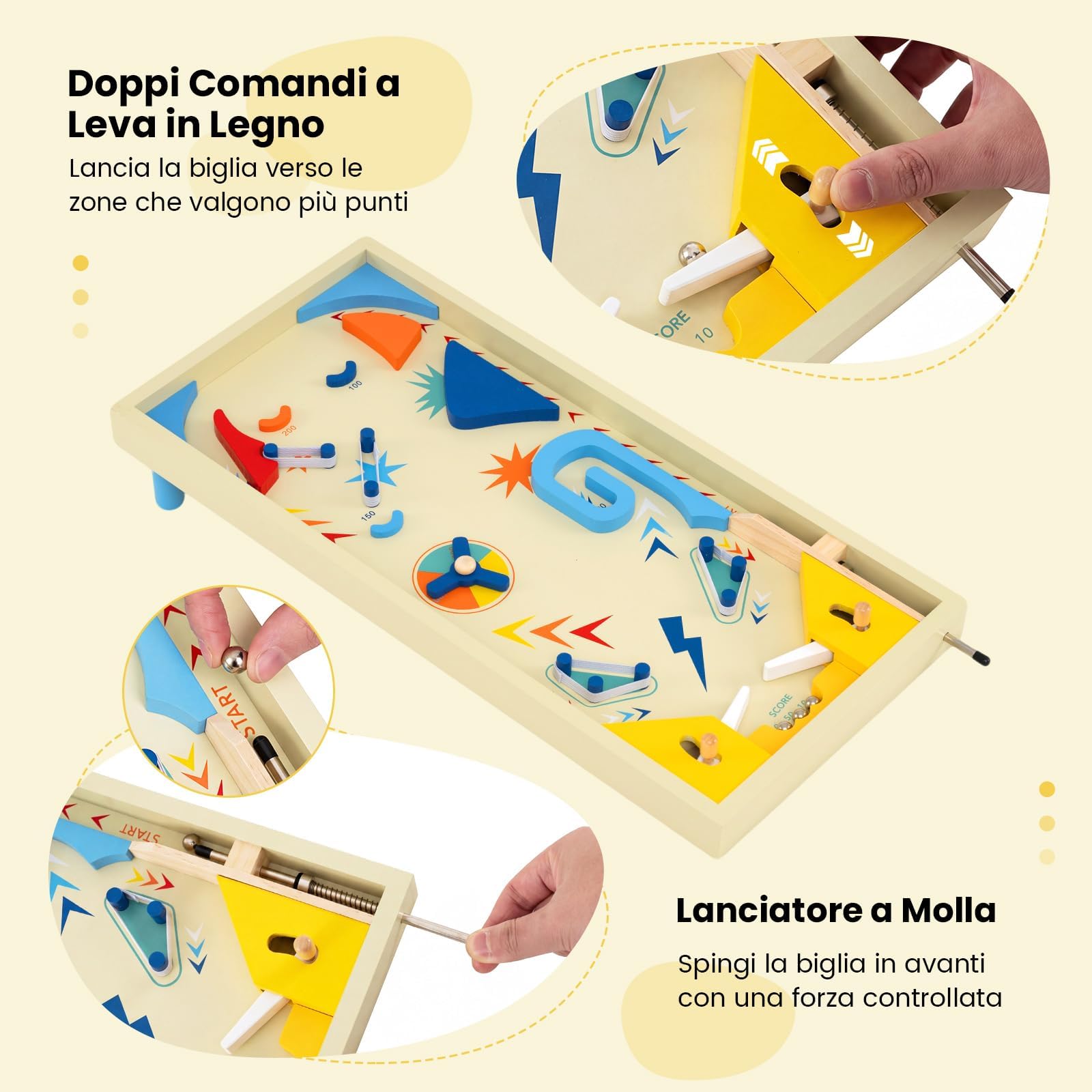 COSTWAY Flipper in Legno, Gioco da Tavolo Educativo con Pista Rotante per Punteggi e 3 Palline, Giocattolo Flipper Interattivo in Marmo per Ufficio Festa, per Bambini 6+ e Adulti