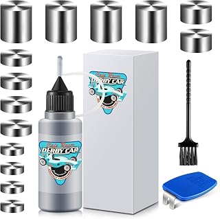 17pcs Derby Car Weights Kit-0.7oz Graphite Powder Lubricant, 3.25 Ounce Cylindrical Tungsten Weight, Axle Inserter Guide, Cleaning Brush, Derby Car Accessories for Increasing Speed