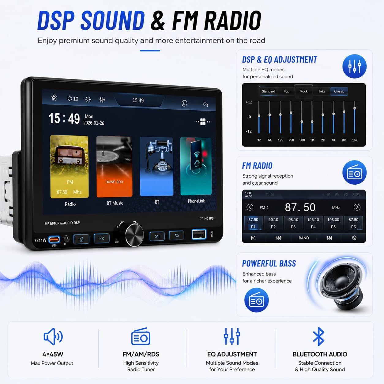 7" Single Din Car Stereo with Wireless Apple CarPlay,IPS Touchscreen,Bluetooth 5.2 Car Radio with Backup Camera,FM/AM/RDS,Android Auto,SWC,GPS Navigation,USB,Type-C Fast Charging