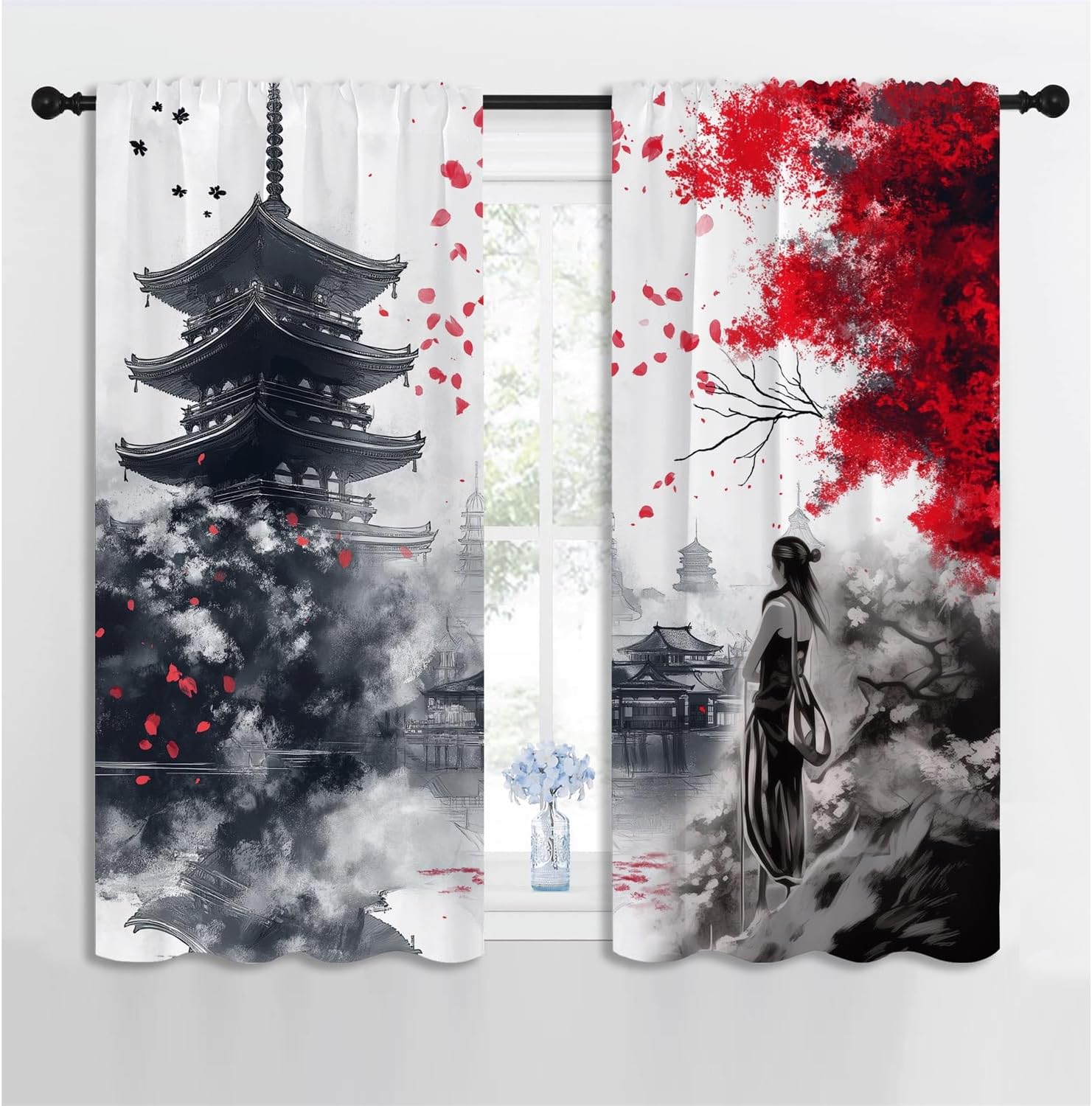 Japanese Cherry Blossom Boy Girls Blackout Curtains,Asian Kimono Geisha Anime Ink Abstract Art, 2 Panel Rod Pocket Thermal Insulated Drapes for Bedroom, Living, Kids Teen Room Deco 42x45 inch