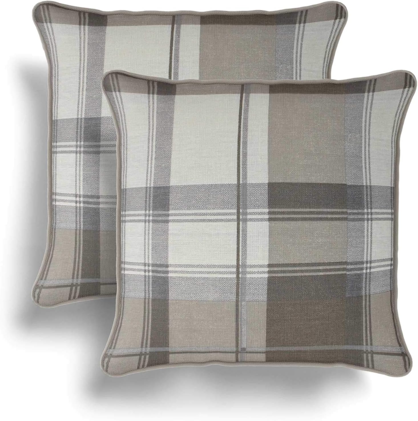 Ideal Textiles Set of 2 Cushion Covers, Pair of Luxury Print Cushion Covers, Pack of Modern Floral Checked Design Throw Cushion Cases, 17" x 17", 43cm x 43cm (Balmoral Natural)