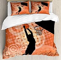 Vista 213 de Ambesonne Juego de funda de edredón de baloncesto, silueta de jugador de baloncesto, promoción de campeonato de competencia de atleta, juego de ropa