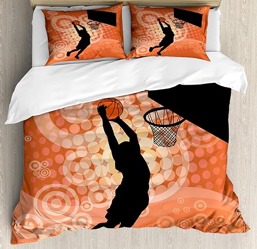 Miniatura 213 de Ambesonne Juego de funda de edredón de baloncesto, silueta de jugador de baloncesto, promoción de campeonato de competencia de atleta, juego de ropa