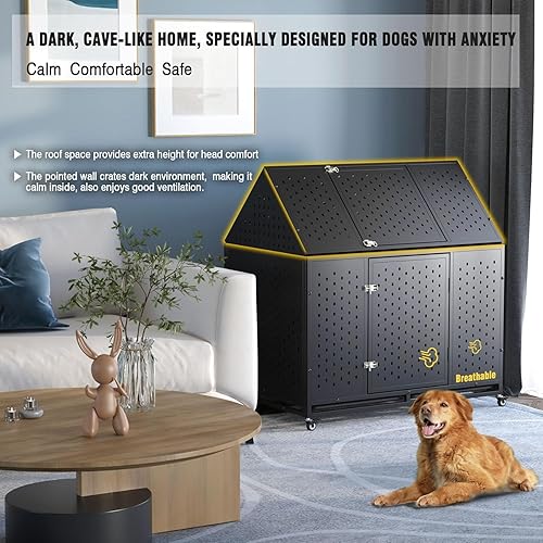 Miniatura 5 de Jaulas resistentes de 44 pulgadas para perros grandes, jaula indestructible a prueba de escapes con ruedas bloqueables, doble puerta de alta