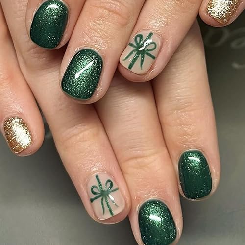 Green Press on Nails Short Square Christmas Fake Nails Green