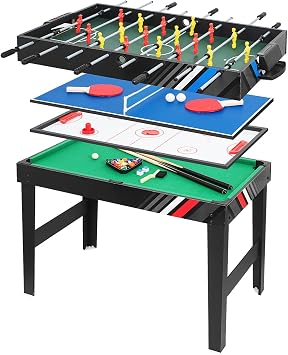 4-in-1 Multi-Game Table Combo, Foosball Table, Table Tennis Table, Air Hockey Table & Pool Billiards,4 in 1 Indoor Multi-Functional Table for Family Game Room, Versatile Game Table for Kids and Adults