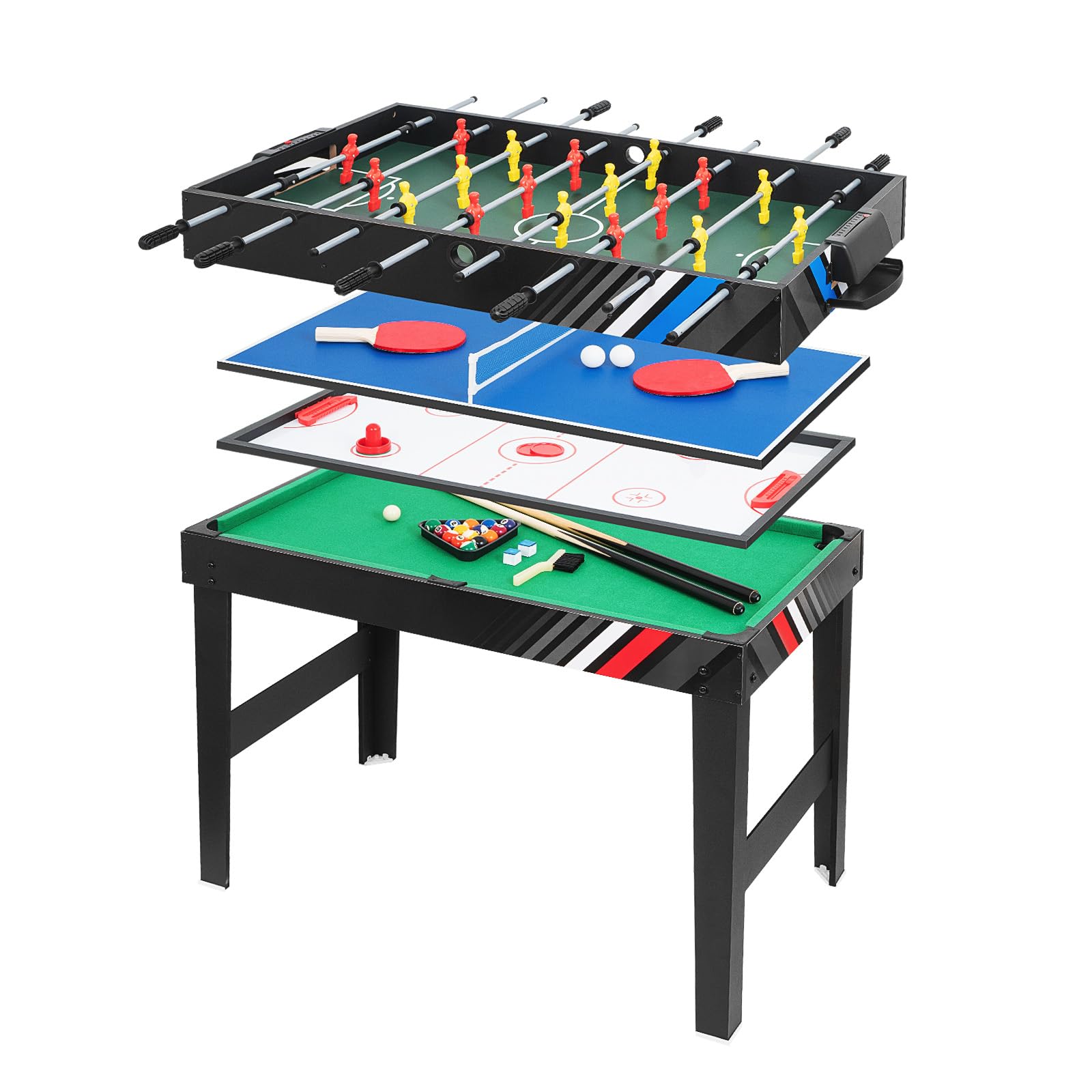 4-in-1 Multi Spieltisch, Multifunktionale Spieltische mit Tischkicker, Billard, Airhockey, Tischtennis, Multifunktionstisch Multiplayer Inkl. komplettem Zubehör, für Heimspielzimmer, Partybars, Kinder