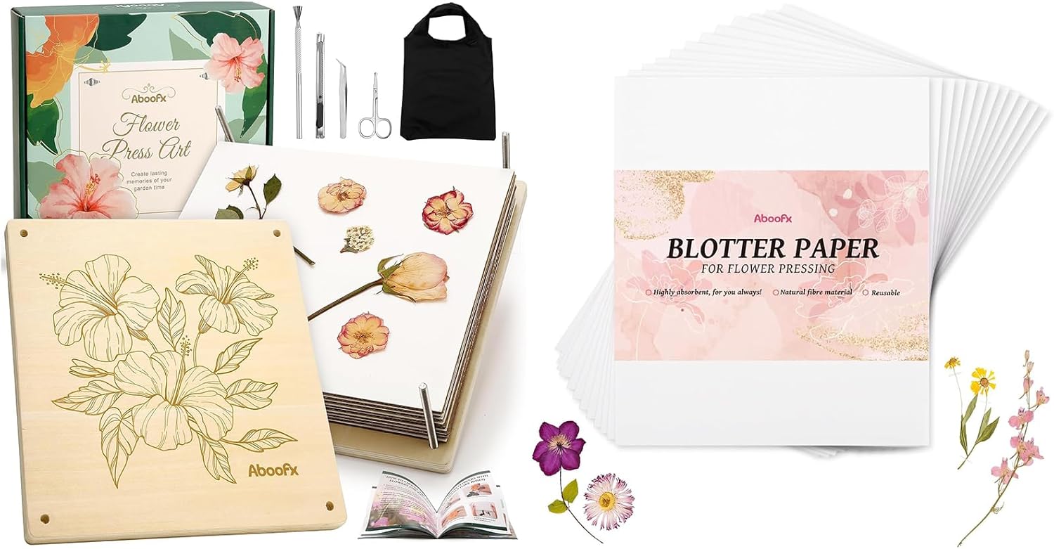 Aboofx Extra Large Flower Press Kit & Blotting Paper, 10.8" x 10.8" Flower Press & 26 Sheets 9" x 9" Highly Absorbent Blotter Paper for Flowers Pressing Reusable