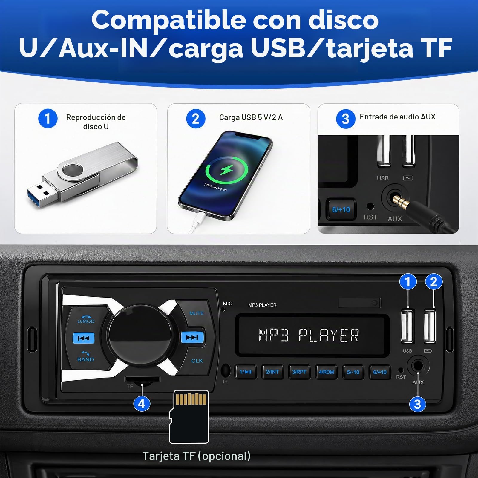 SIXTOP Dab Radio con Sistema Manos Libres Bluetooth Radio para Coche 1DIN con FM Radio/Pantalla de Reloj LCD, Reproductor de MP3 Radio 1DIN Admite Entrada AUX/RCA/Reproducción USB/Carga