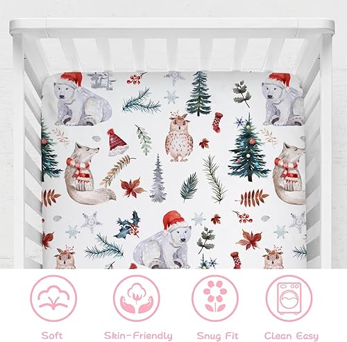 Miniatura 5 de Sábana bajera ajustable para cuna de bebé de animales del bosque, 52 x 28 pulgadas, diseño de animales de Navidad, oso, zorro, búho, abeto, hojas de