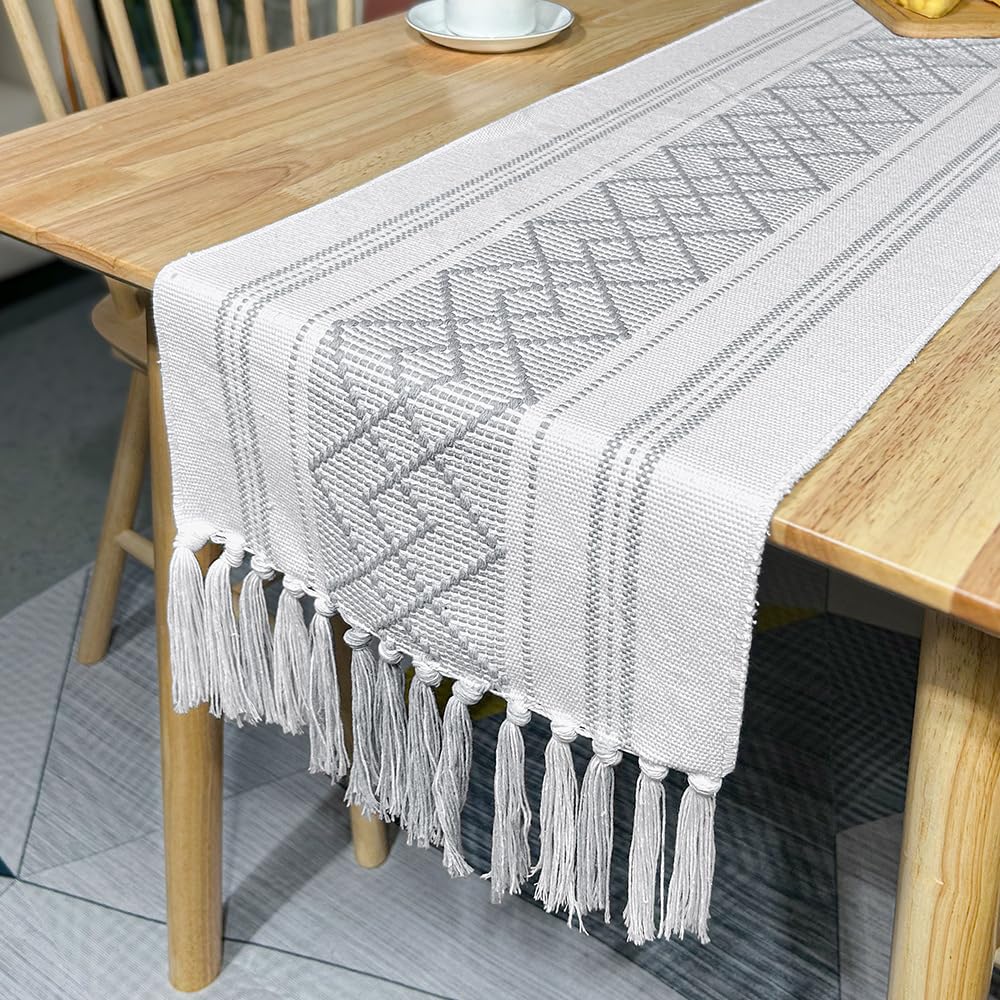 Drapeau de table fait main en coton et lin lavable avec pompons robustes