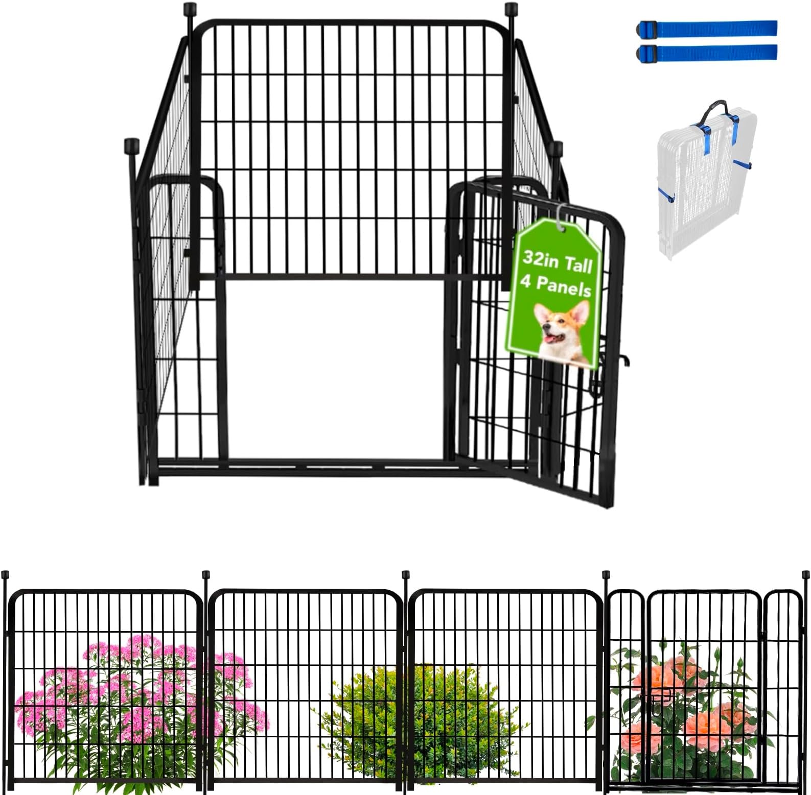 Decorative Metal Fence with Gate 32in(H) x 27in(L) 4 Panels Black