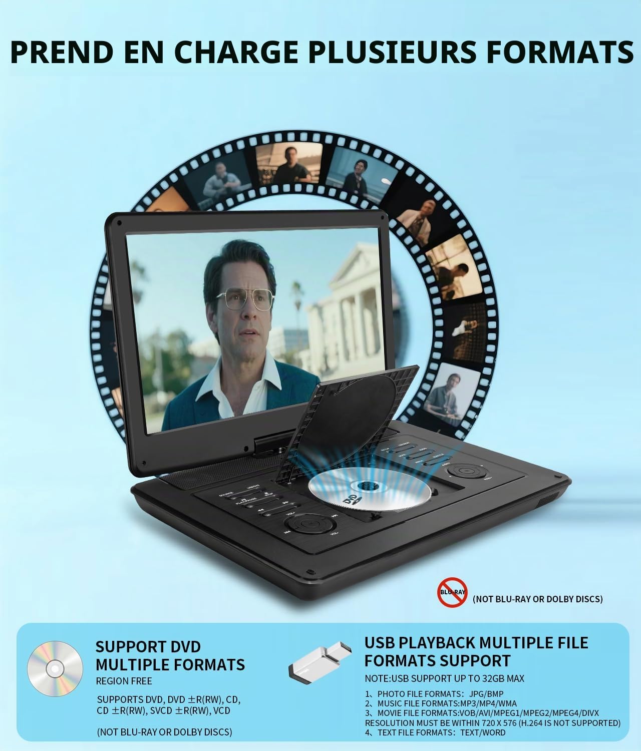 KCR Lecteur DVD portable 15,6 pouces écran LED DVB-T2 batterie rechargeable USB HDMI AV audio