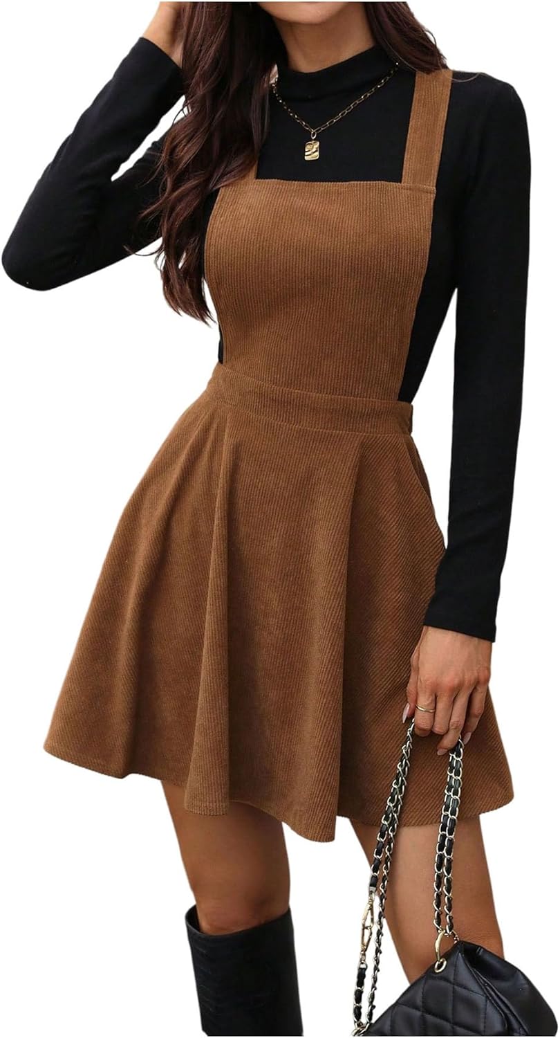 SOLY HUX Women's Corduroy Overall Mini Dress Sleeveless Square Neck A Line Pinafore Dresses