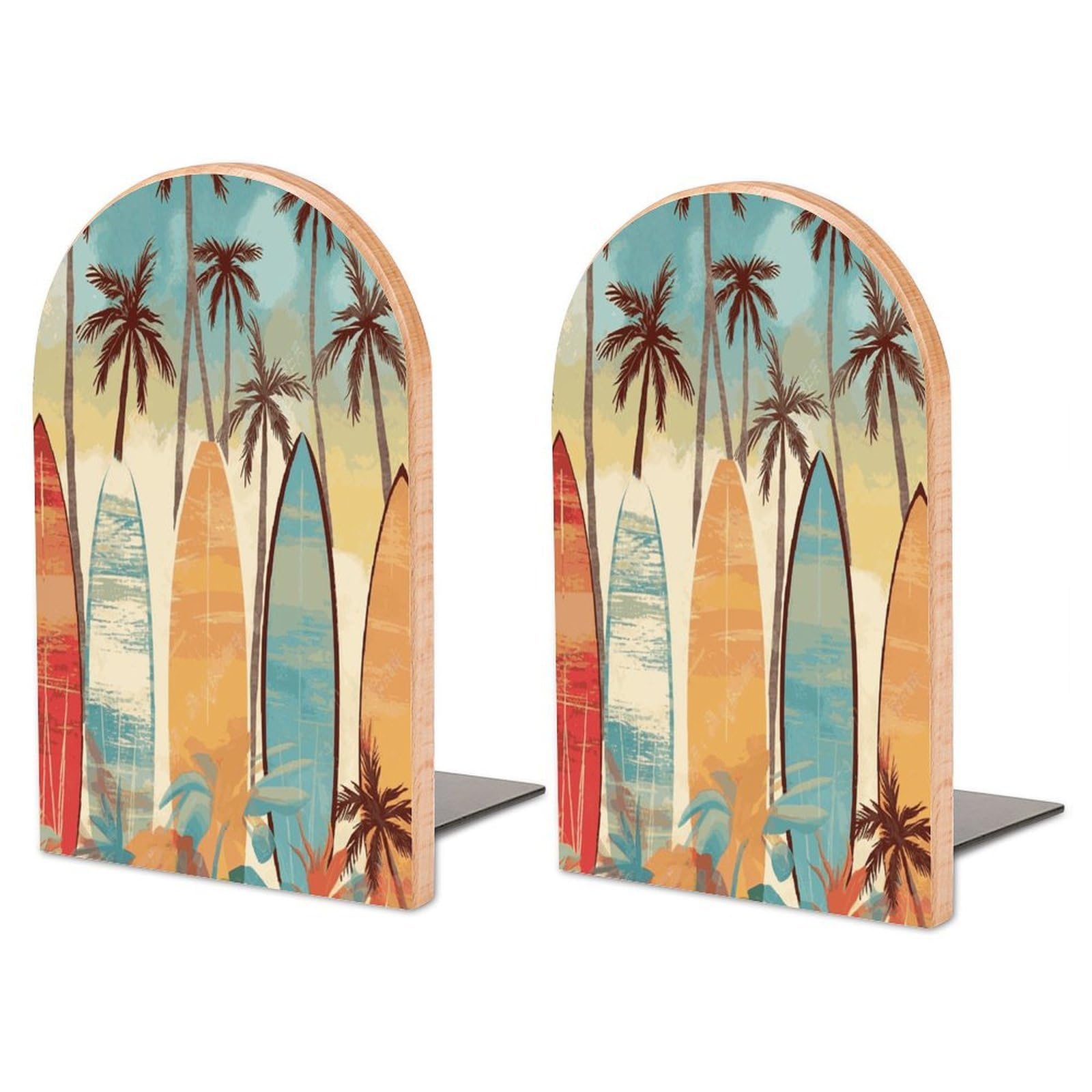 Surfboard Palm Tree Wood Bookend for Shelves 1 Pair