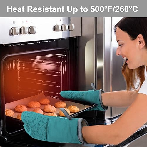 Miniatura 25 de KEGOUU Juego de 6 manoplas para horno y soportes para ollas, guantes para horno de cocina, resistentes al calor, 500 grados, extra largos, Azul cielo