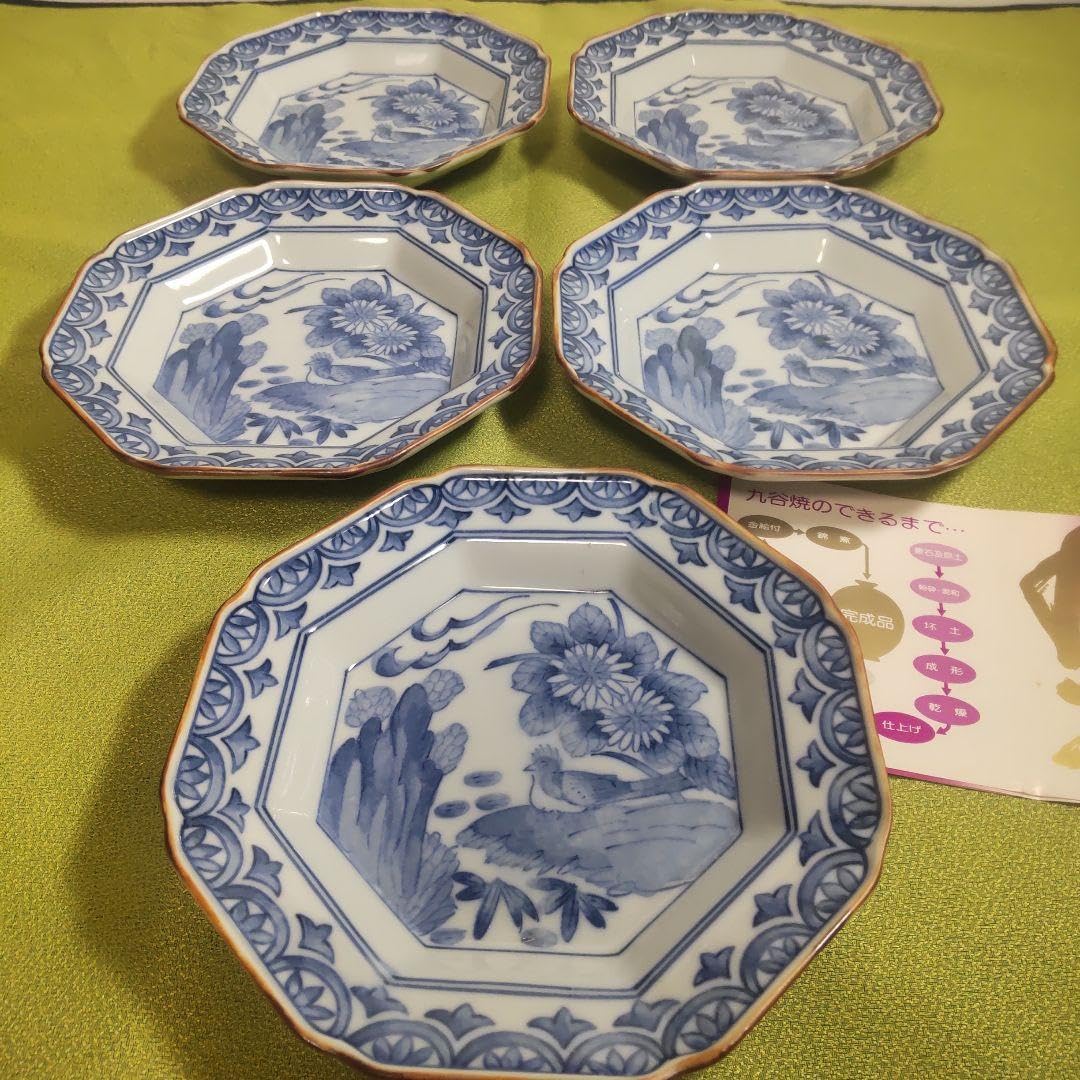 Kutani Grilled Ako Kiln Sometsuke Hand Painted Flower Birds Octagon Plate, Deep Plate, Meikan Plate, Medium Plate, 5 Pieces