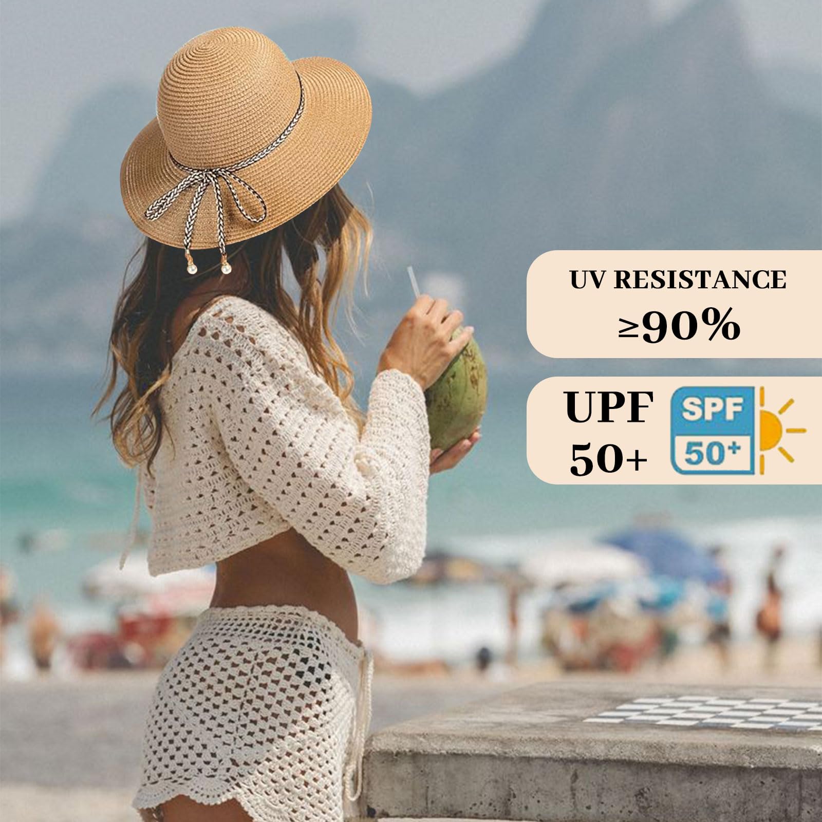 BelleVive Chapeau de Soleil pour Femmes - Protection UV 50+, Paille d'Été, Repliable à Large Bord