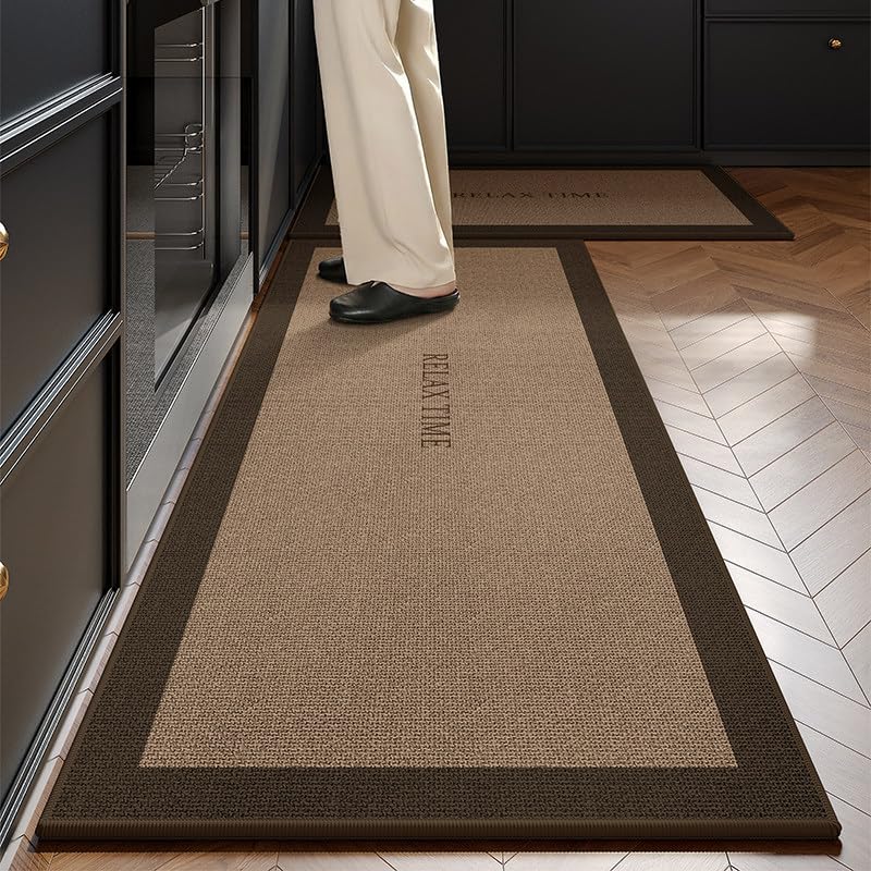 Alfombras de cocina antideslizantes y resistentes al agua con diseño Relax Time en marrón
