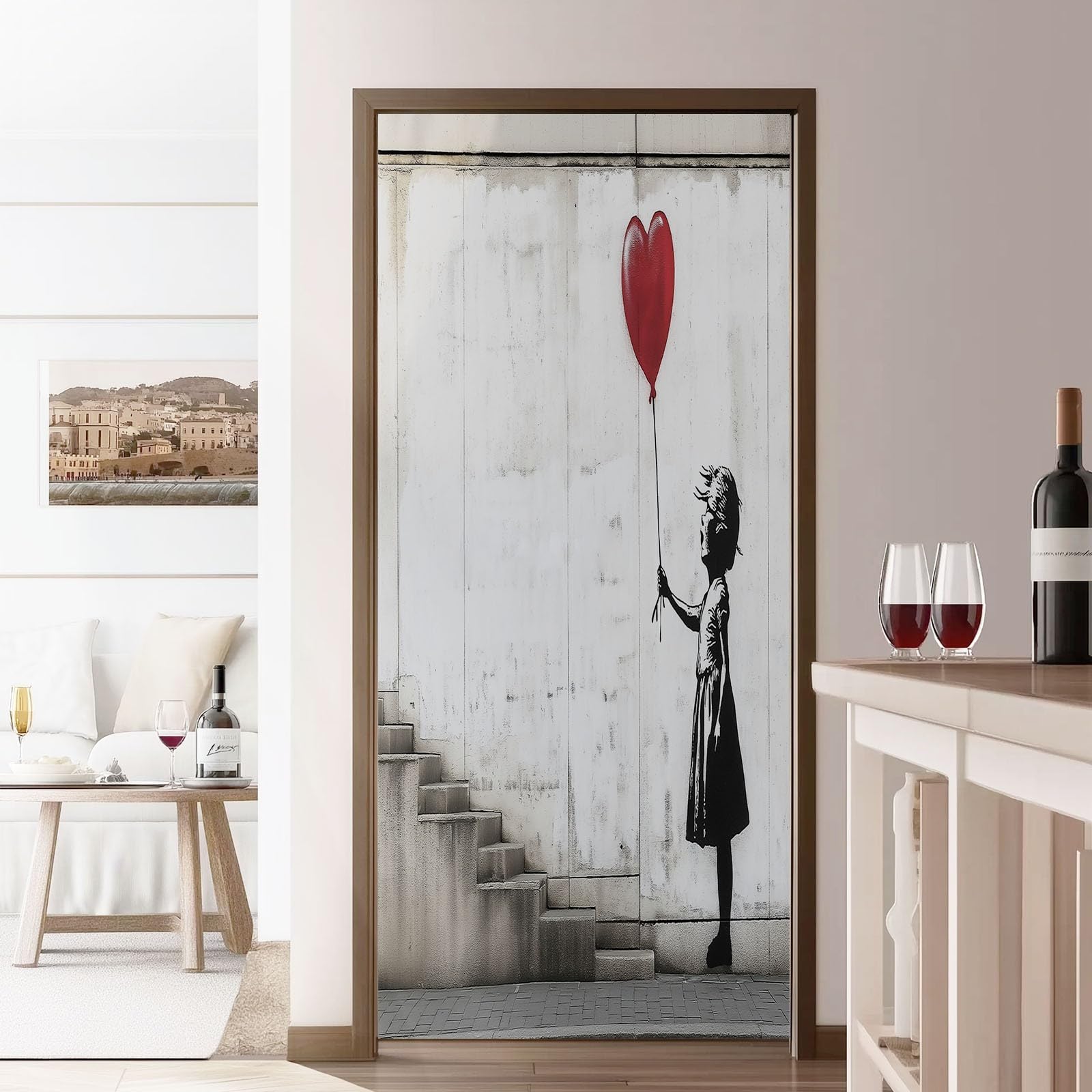 Carta Parati Porta Rimovibile PVC Autoadesivo 80 x 210 cm Adesivi Per Porte Interne Banksy Strada Graffiti Soggiorno Cucina Camerette Bagno Autoadesivo Porta Murale Decorazione, Bianco Grigio