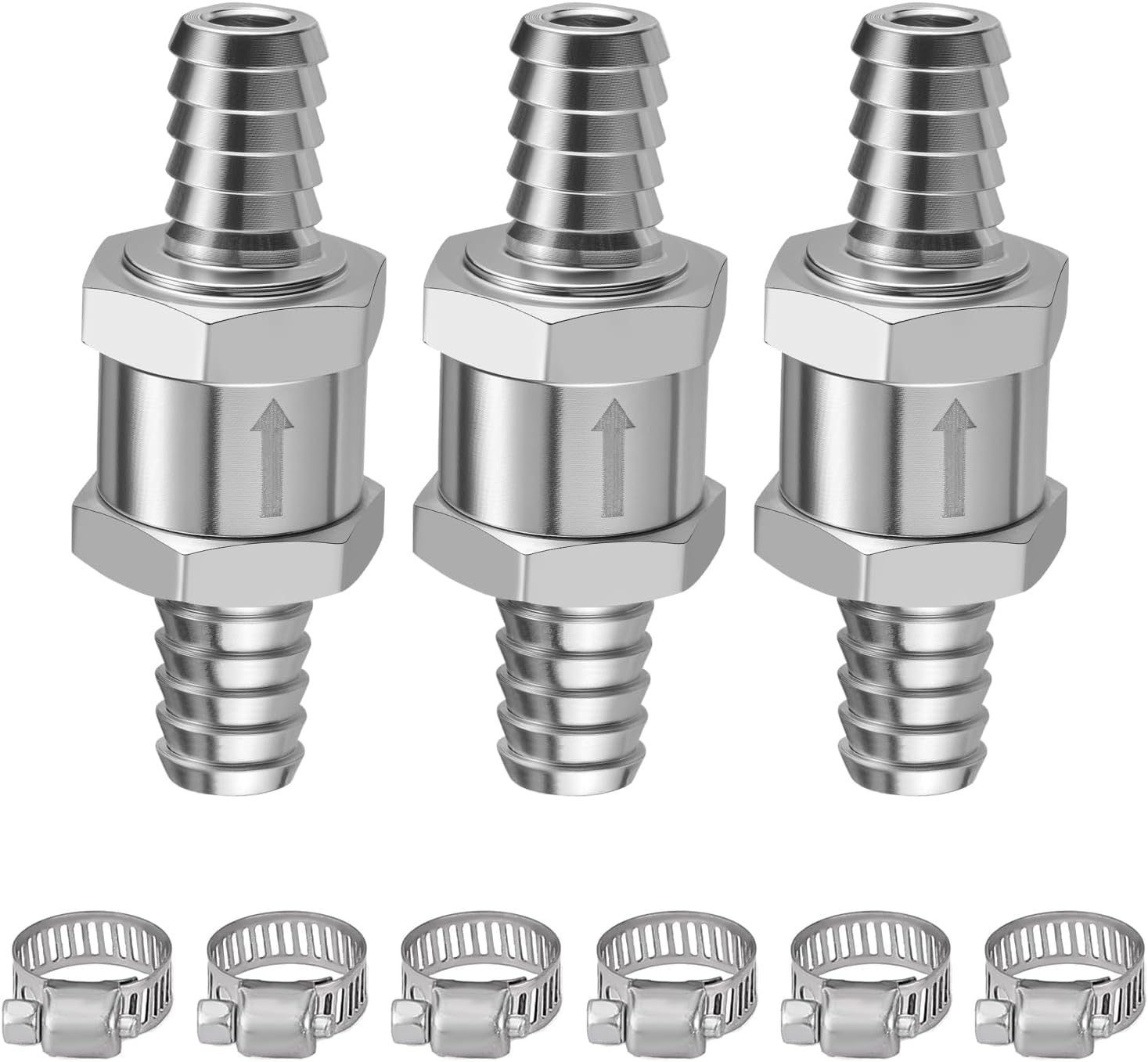 EVIL ENERGY 3/8" (10mm) Check Valve, 3 Pcs Aluminum One Way Fuel Check Valve for Gasoline, Diesel & Coolant with Universal Hose Clamps, Silver