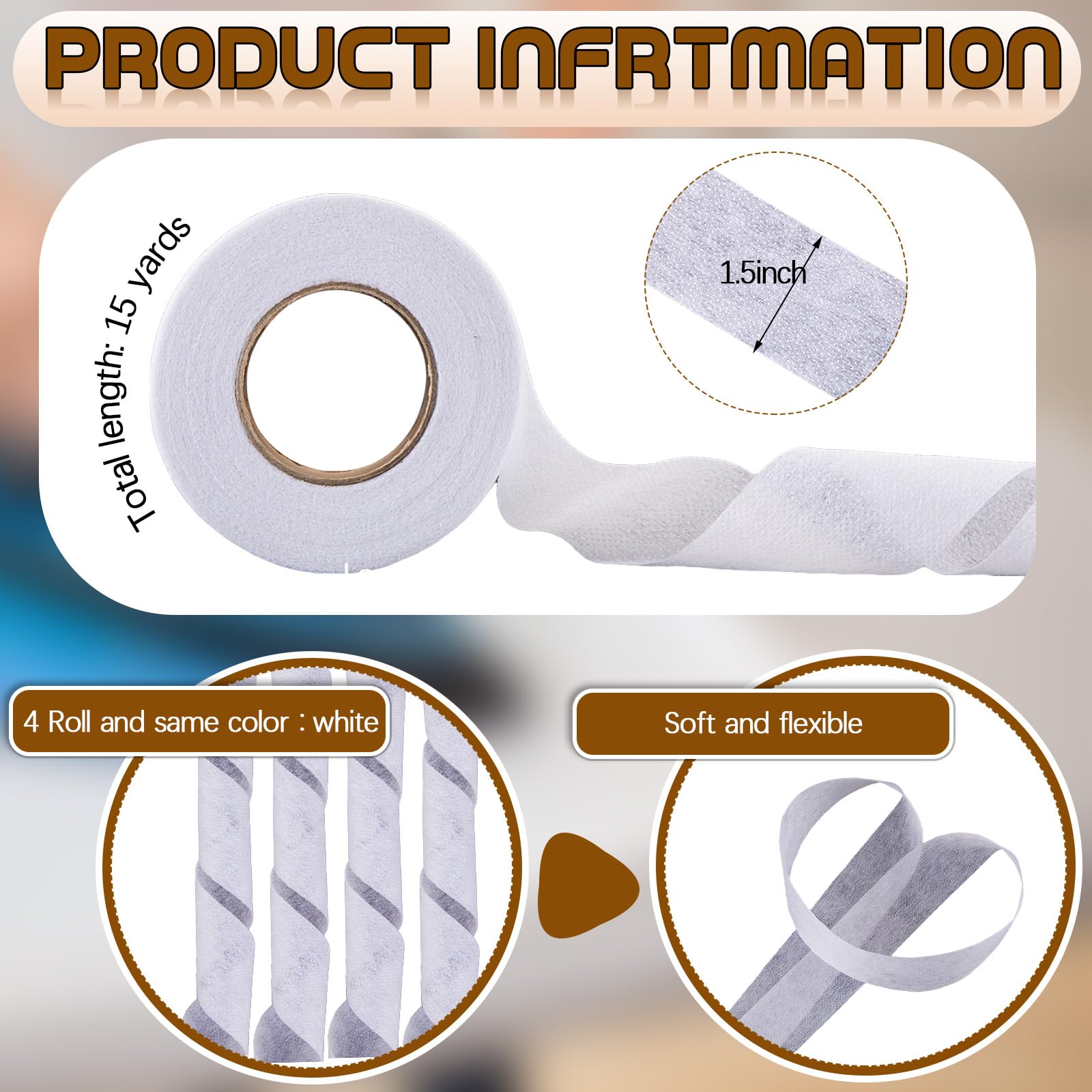 Treela 4 Rolls Fusible Batting Tape for Quilting 15 Yards White Seam Fusible Sheer Fabric Fusing Hemming Tape for Art Quitting Batting Sewing(1.5 Inches X 15 yd)