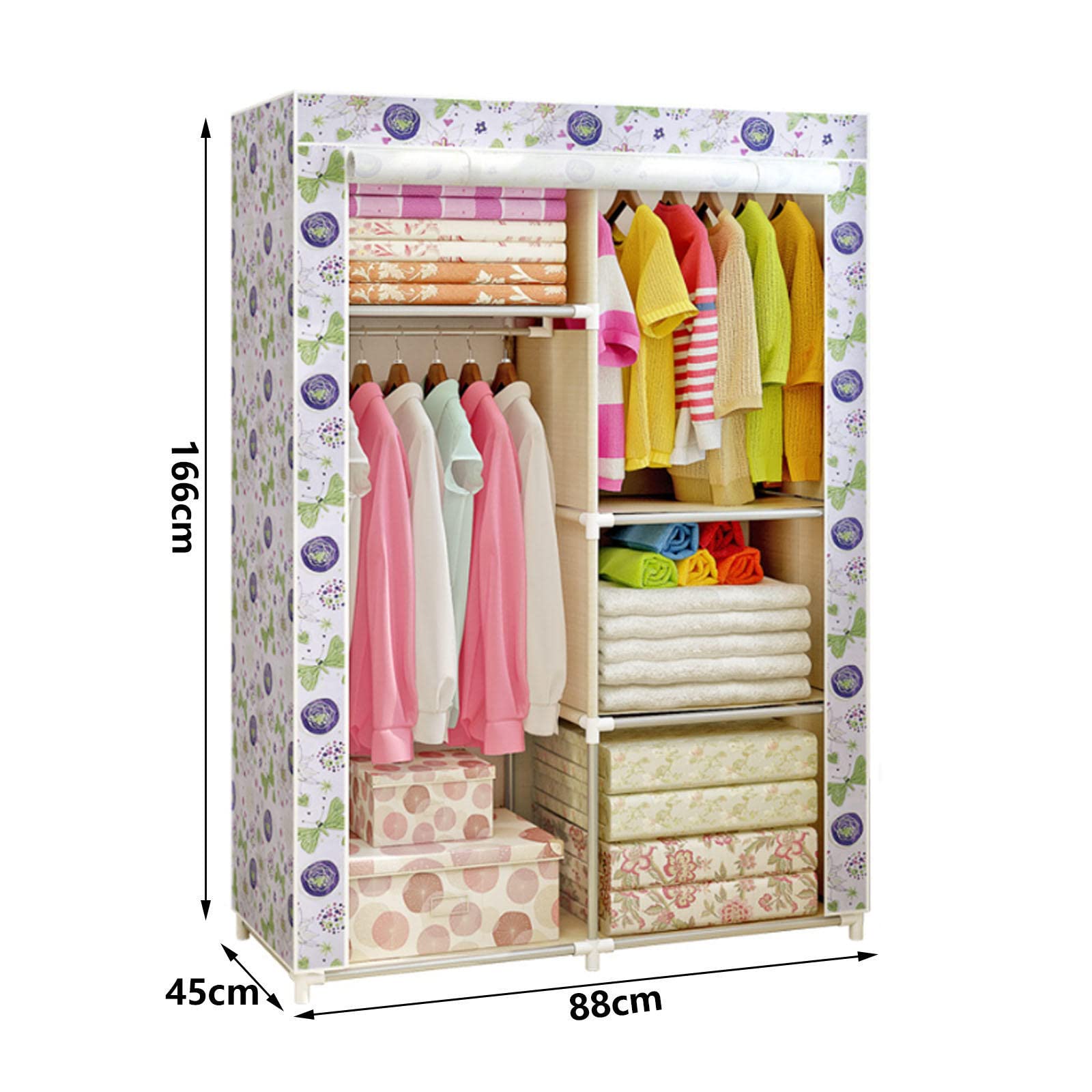 Tragbare Kleiderschrankregale, Canvas-Kleiderschrank mit Kleiderstange, Regale, Kleiderschrank-Aufbewahrungsorganisator für Schlafzimmer, Wohnzimmer, Farbe: 88 x 45 x 166 cm