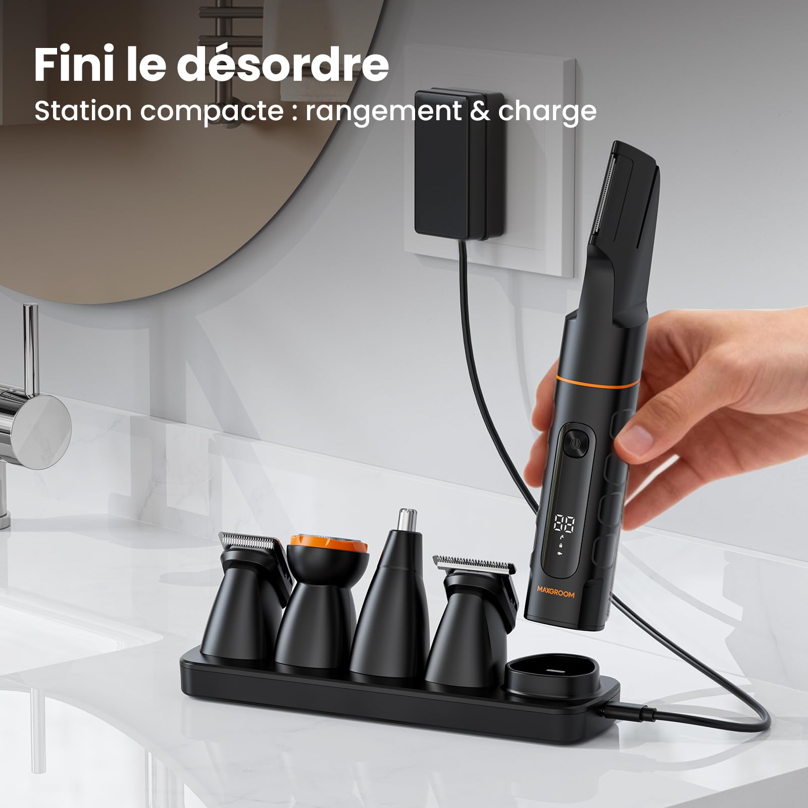MAXGROOM Tondeuse Corps Homme, 5 en 1 Multifonction Rasoir Électriques Hommes, 7000RPM Tondeuse Partie Intime Professionnelle, 120 Mins d'Autonomie USB-C Rasoir Testicule Kit pour Nez, Jambes