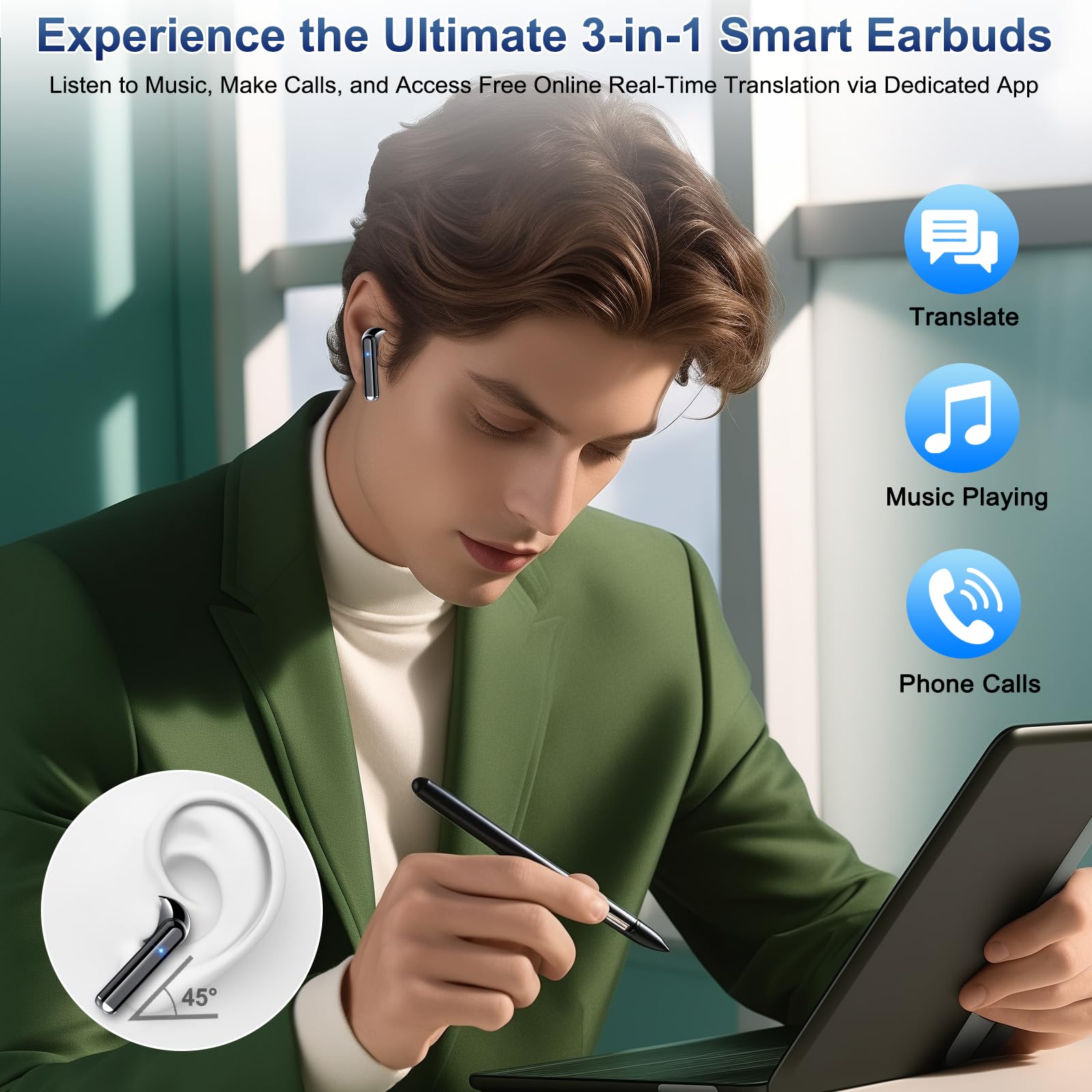 KI Übersetzer Kopfhörer, 3-in-1 Bluetooth 5.4 Sprachübersetzer mit Simultanübersetzung, 165 Sprachen und 8 Modi, ENC Rauschunterdrückung Echtzeit Übersetzer Ohrhörer mit App für Lernen/Reisen/Business