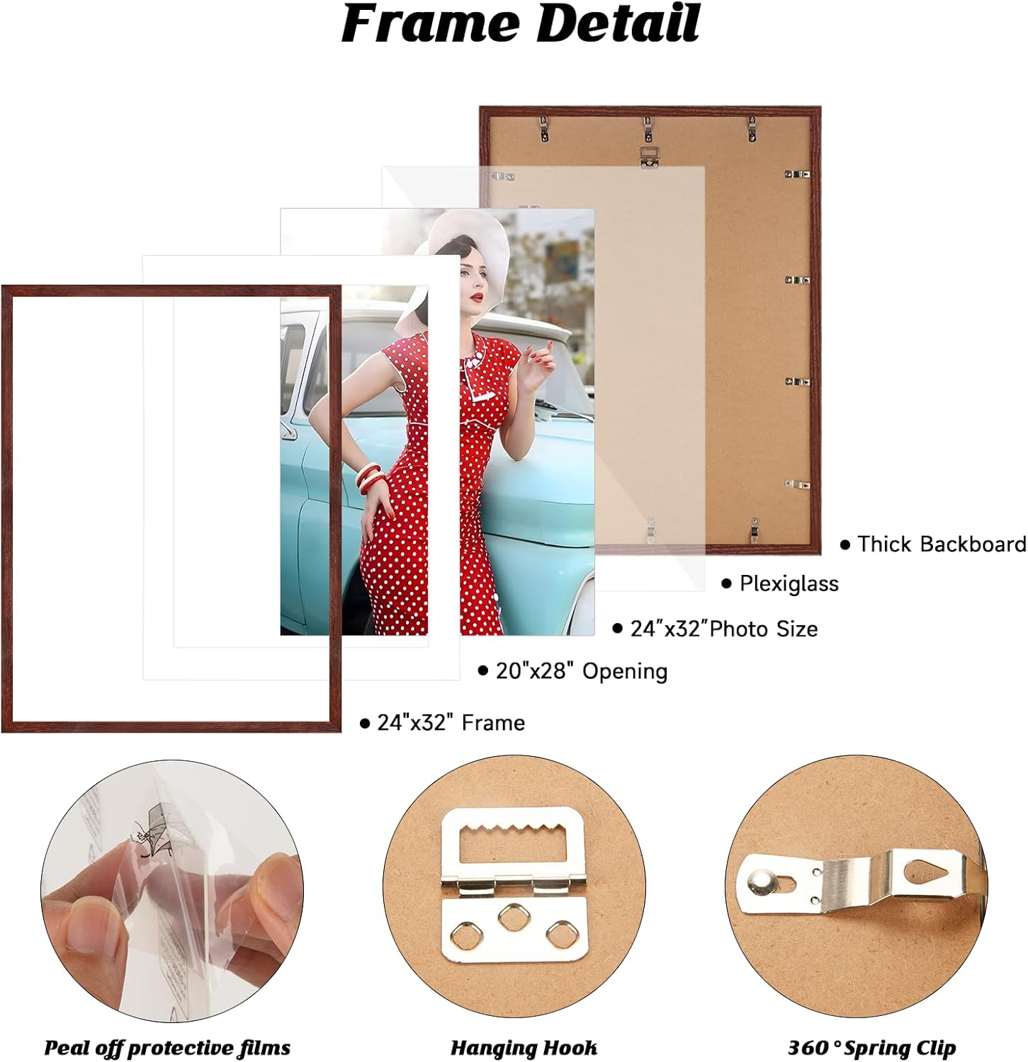 HLiWEGNS Dark Walnut 24x32 Frame - Single Frame - Rustic Woodgrain 24 x 32 Poster Frame for Pictures 20x28 with Mat or 24x32 Picture Frame Without Mat for Wall Gallery Display - Ideal Christmas Day