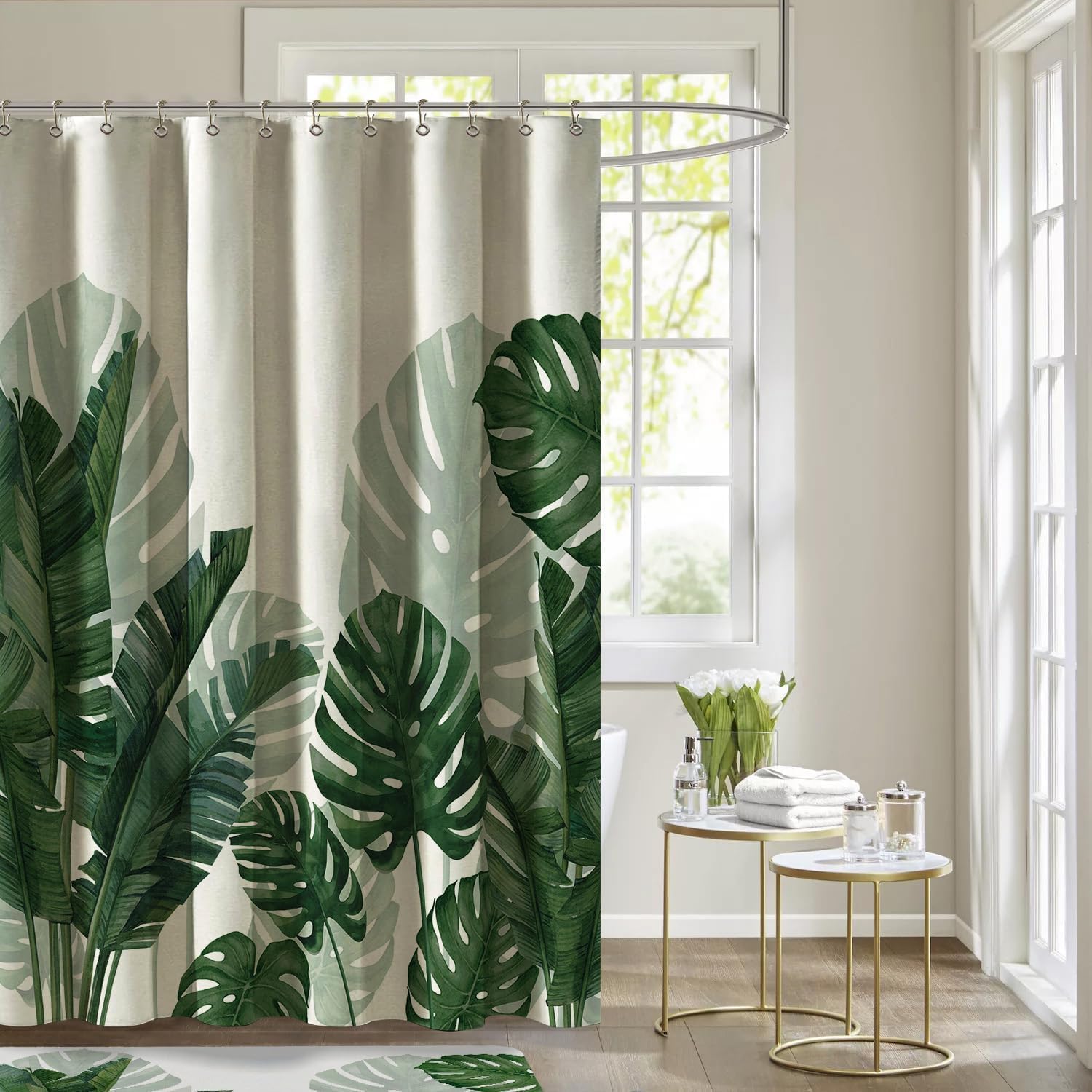 Baccessor Linen Shower Curtain Long 72 W X 84 L Inch Tropical Green Leaf Shower Curtains Botanical Banana Monstera Leaf Palm Tree Waterproof Heavy Duty Fabric Cloth Shower Curtain for Bathtubs Hotel