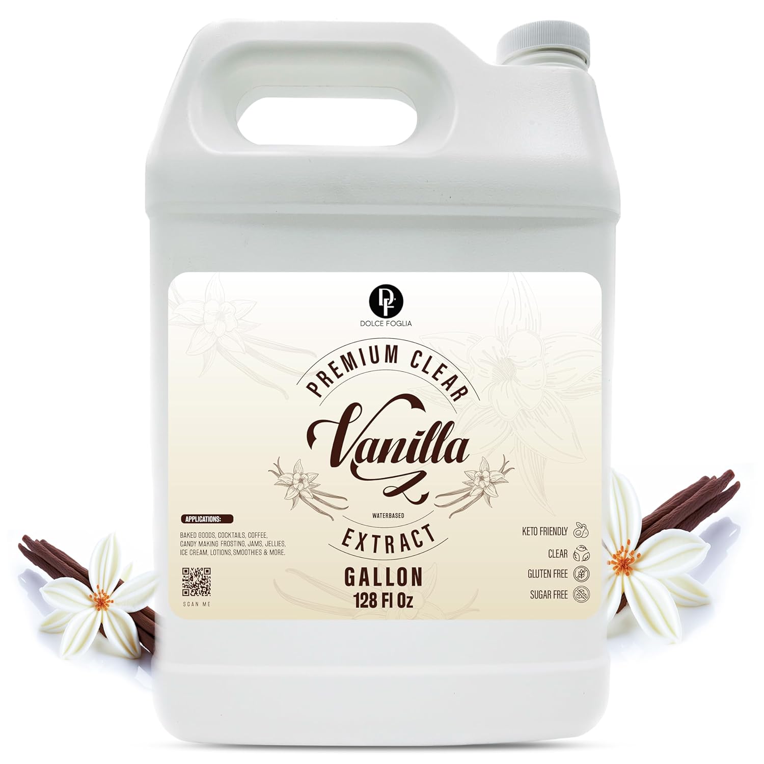 Dolce Flav Natural Water-Soluble Flavor Extracts – Sugar-Free, Kosher, Allergen-Free Concentrated Flavorings for Baking, Desserts, Beverages & More, Clear Double Strength Imitation Vanilla Extract, 1 Gallon