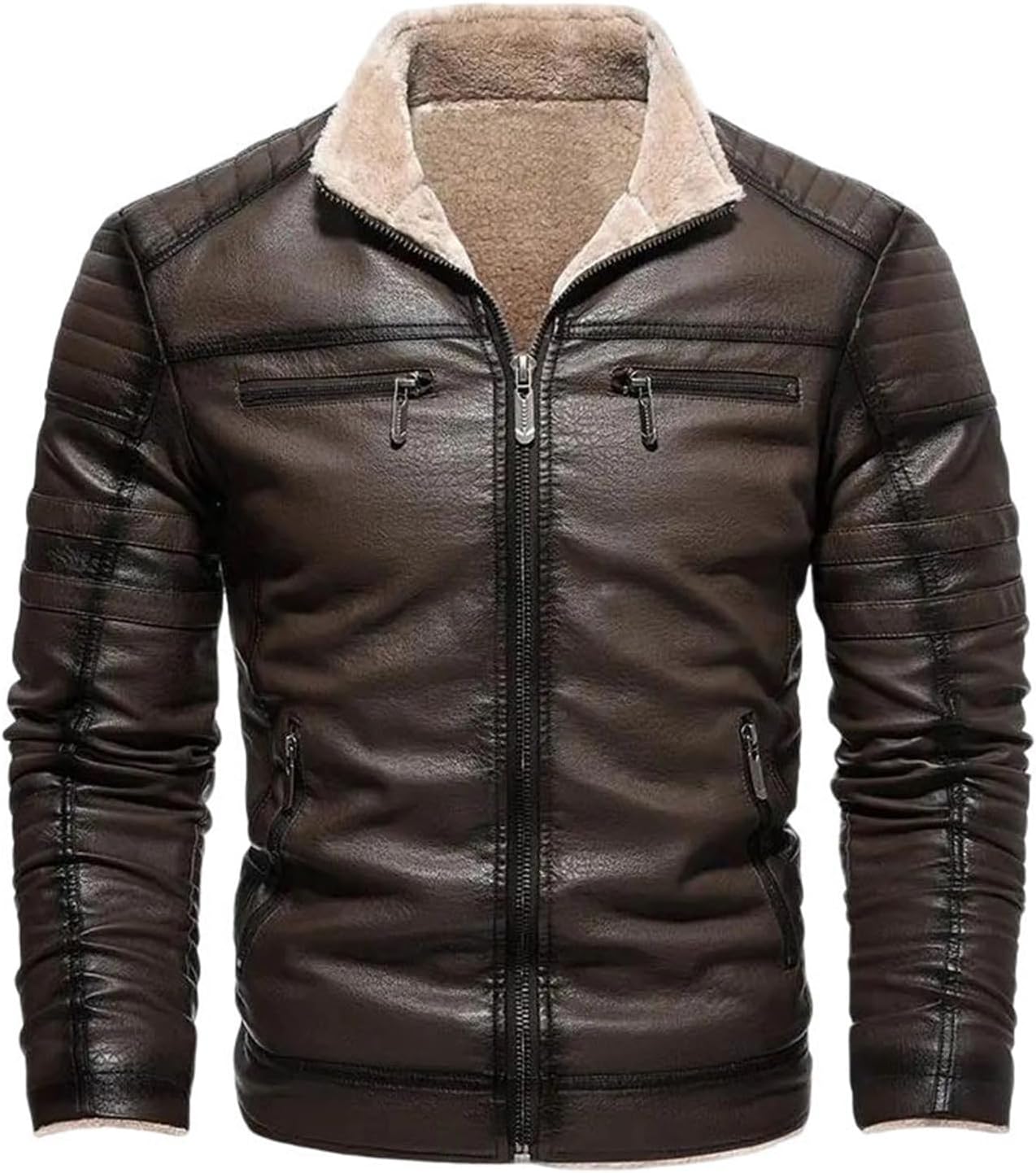Men’s Classic Motorcycle Faux Leather Jacket Winter Warm Fleece Coat Vintage Zipper Outerwear Casual Biker Style