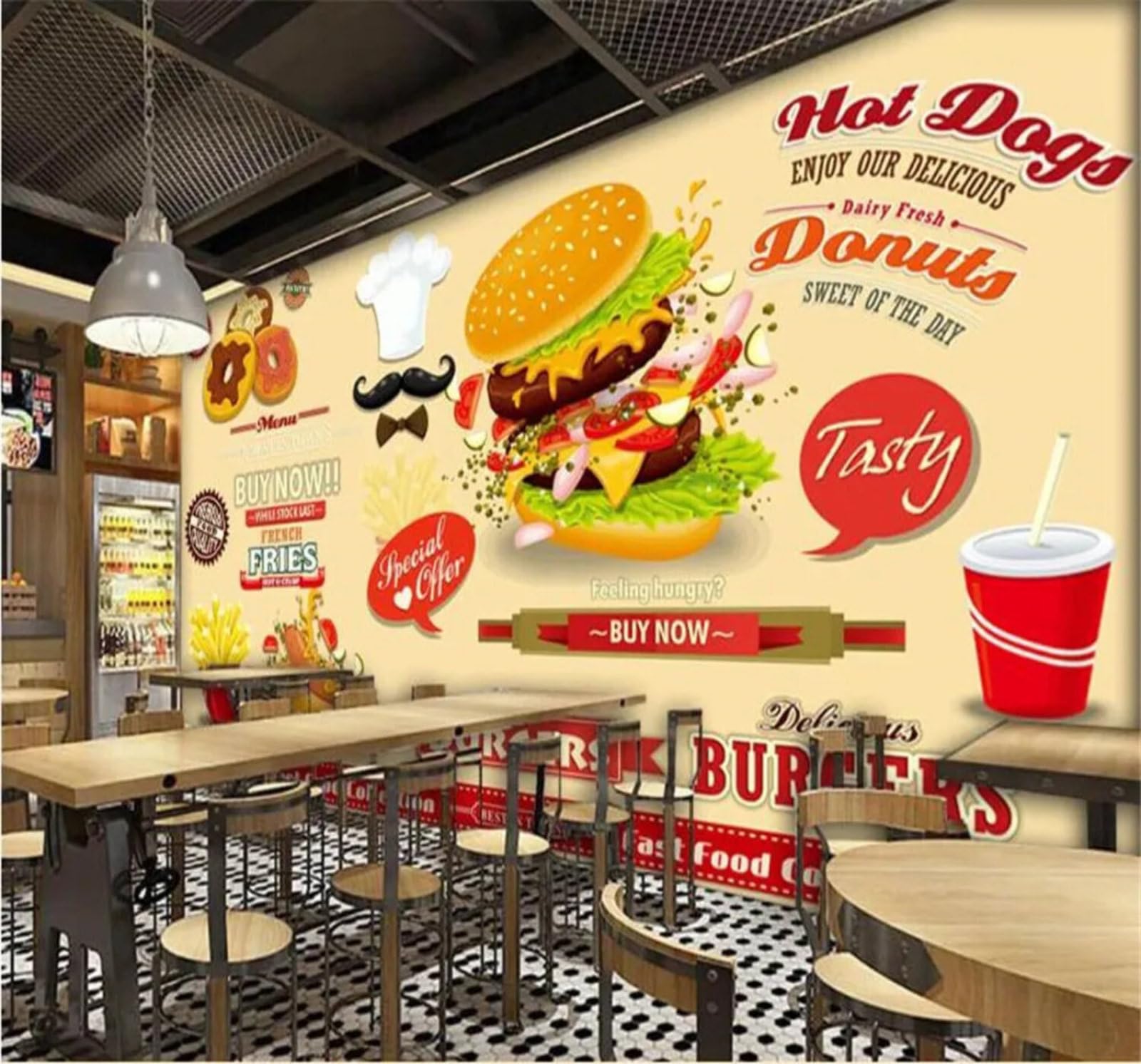 Tzxztt 430Cm×300Cm(B×H) Hand Drawn Food Burger Chips Fast Food Restaurant Modern 3D Wallpaper Premium Textured Silk Neutral Tones Material Ideal For Living Room Bedroom-430Cm×300Cm