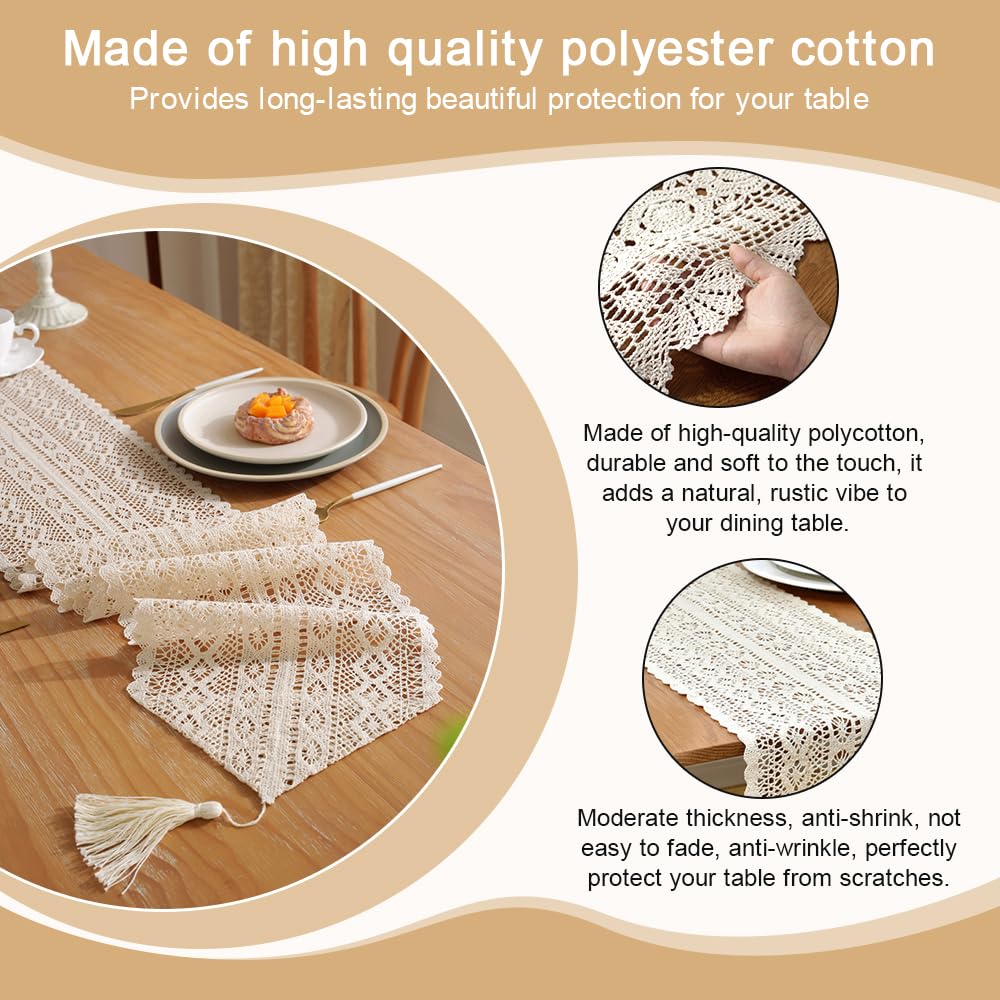 Runner Da Tavola In Macramè Fatto A Mano – Cotone Beige Con Nappe – 30x160 Cm