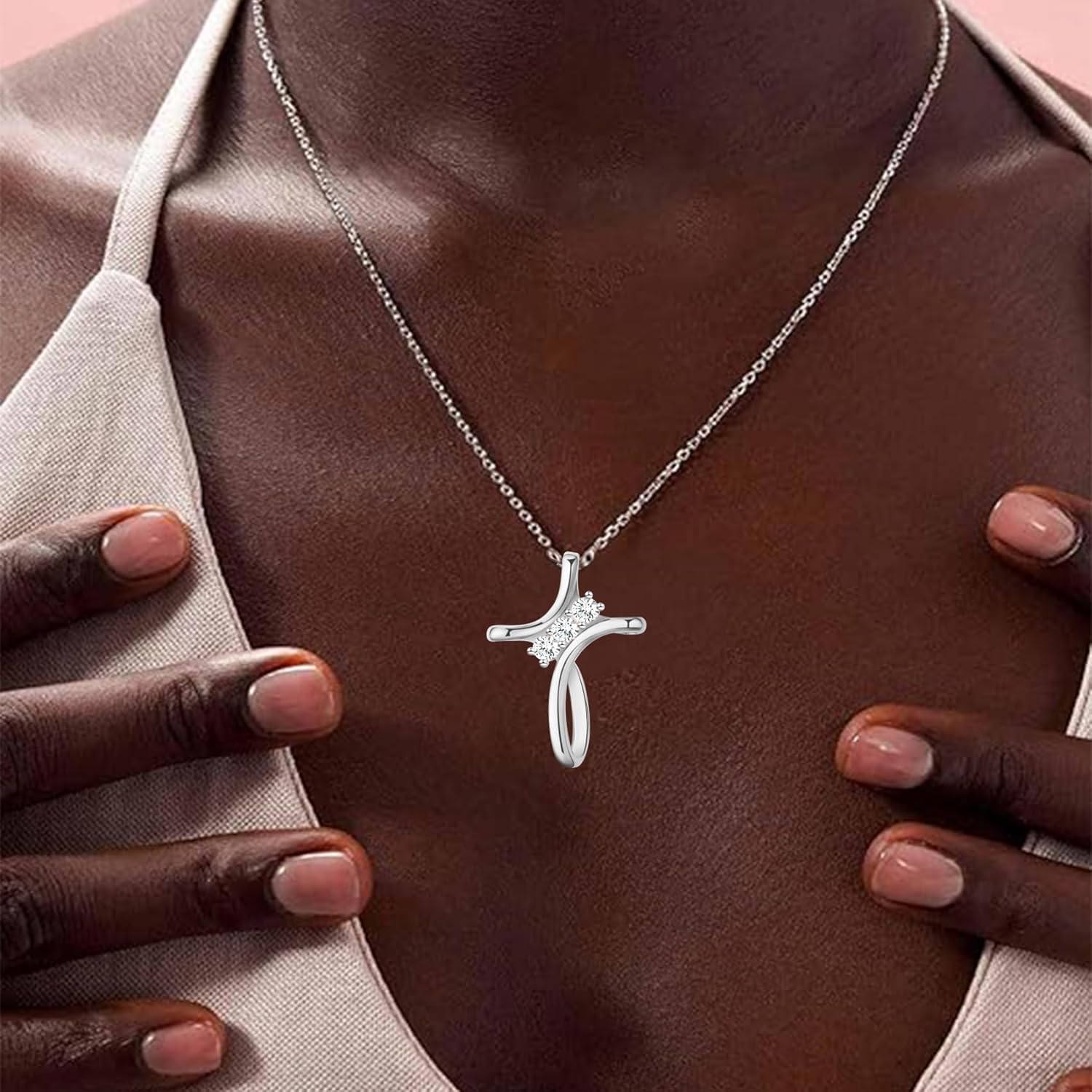 Cross Necklace for Women, 925 Sterling Silver 18K Gold Plated Diamond Necklace for Women, Cross Pendant with 3 Stone 5A Cubic Zirconia, Birthday Christmas Jewelry Gifts for Women Her, 20 Inches - Image 3