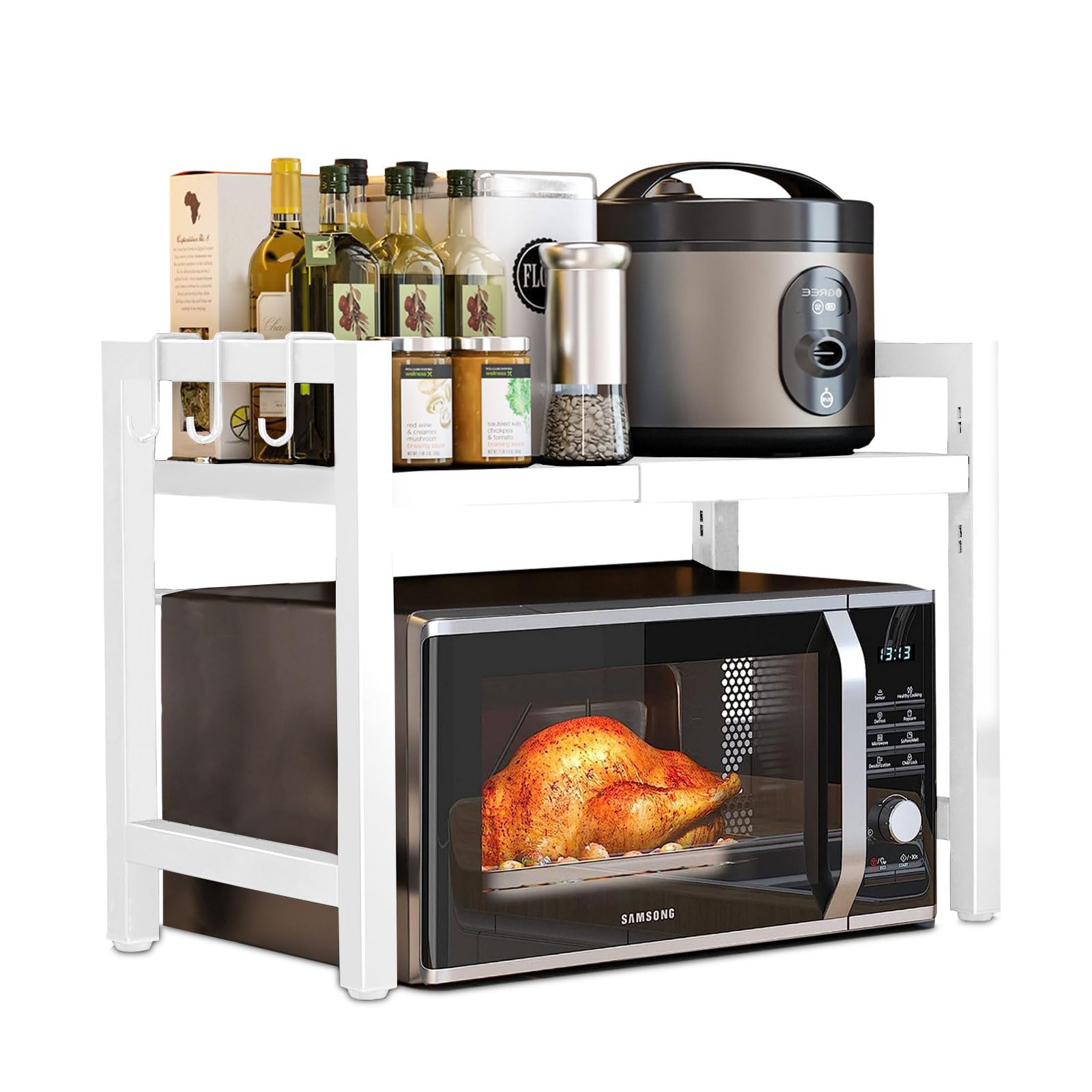 LeapBeast Estante Expandible para Microondas de Cocina 2 Niveles,Soporte Ajustable para Microondas,stante Expandible para Microondas,Rejilla para encimera de Cocina con 6 Ganchos (Blanco)