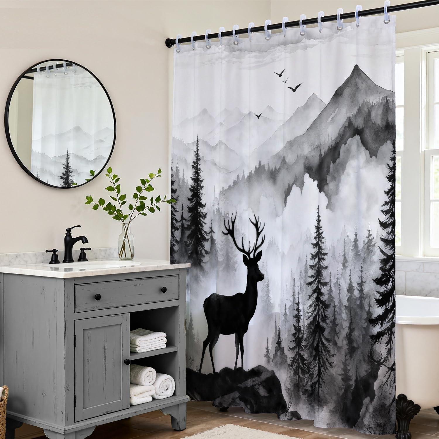 Black and White Misty Forest Deer Shower Curtain, Nature Mountain Landscape Modern Bathroom Decor, Waterproof Fabric Woodland Animal Shower Curtain Set Rustic Cabin Style with Hooks, 72x75