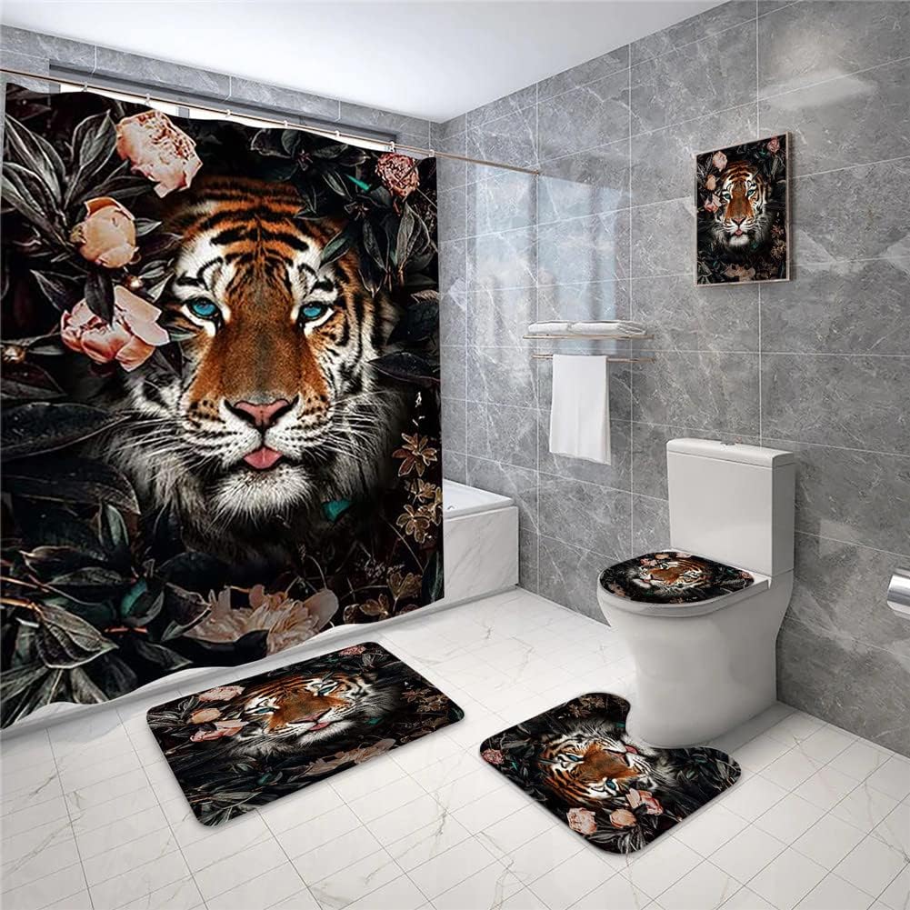 Ochine 4pcs Leopard Cheetah Shower Curtain Sets with 12 Hooks, Lion Shower Curtain Set African Shower Curtains and Toilet Mat Lid Rug Accessories Animal Print Bathroom Decor Sets