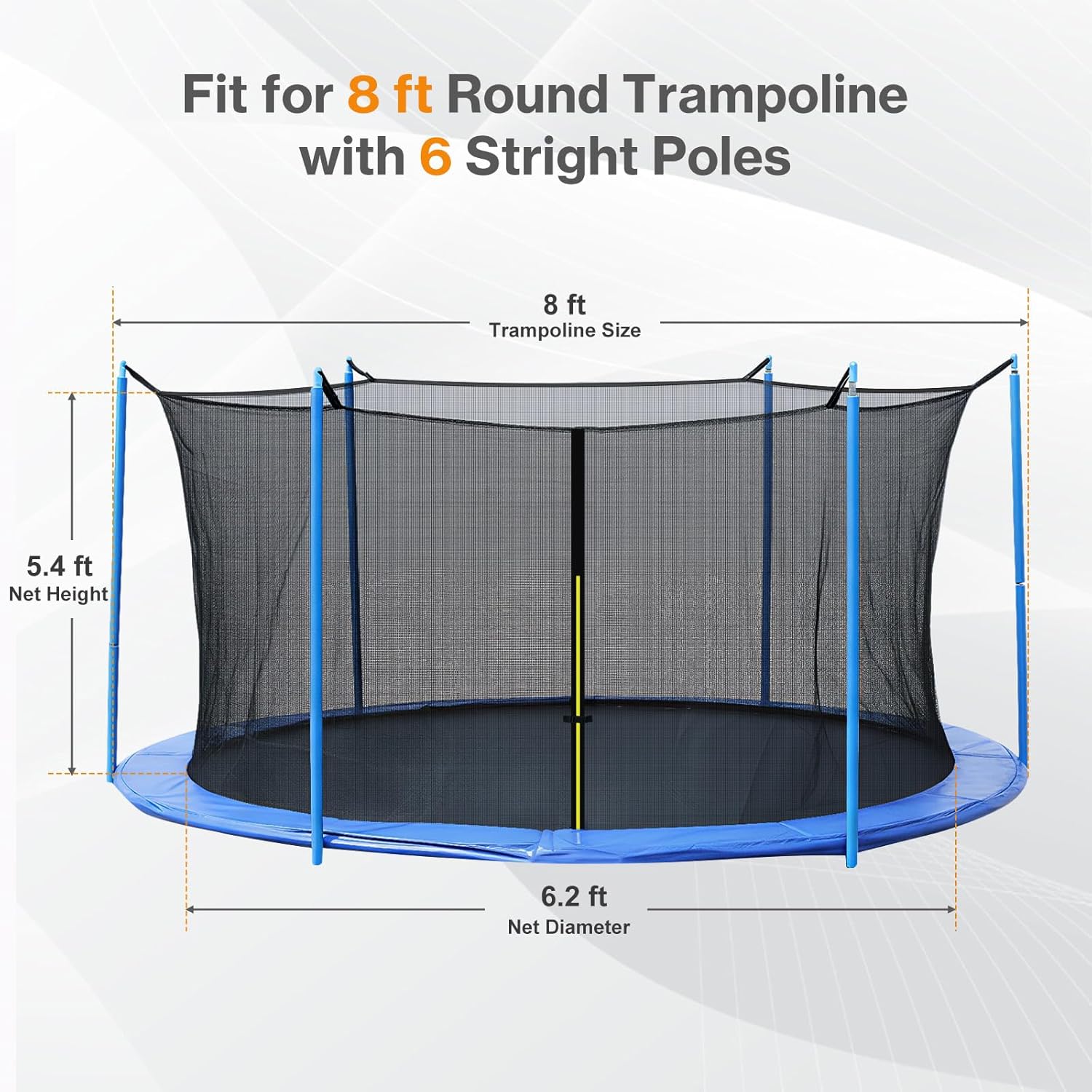 Aoodor Trampoline Replacement Net for 8FT 12FT Outdoor Round Frame Trampolines, Safety Enclosure Net with Zipper, Buckle, String