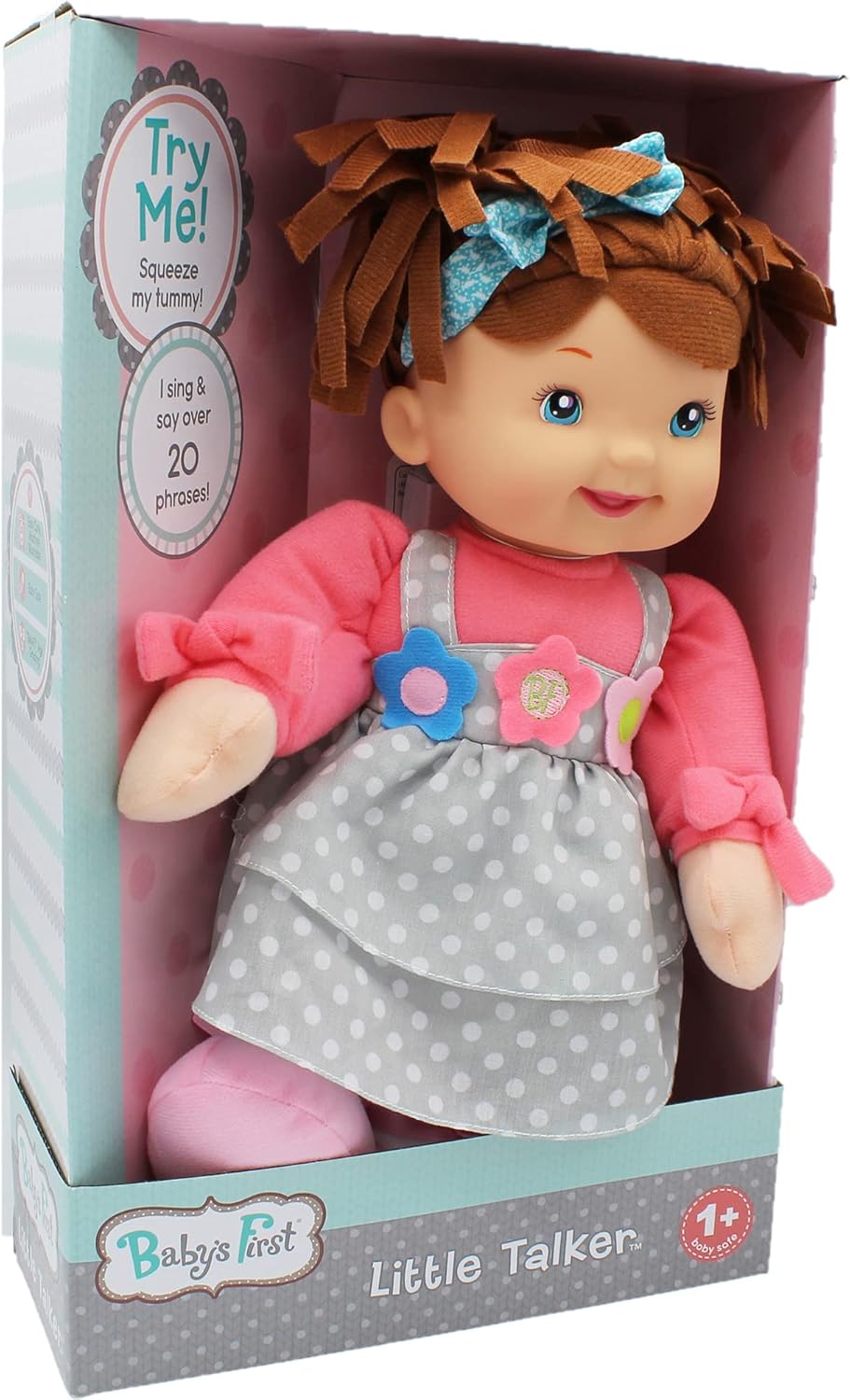 Goldberger's Baby's First: Little Talker Brunette Doll - Says 20 Random Phrases When Tummy is Pressed, Machine Washable - Safe for Children Ages 1 Year & Up