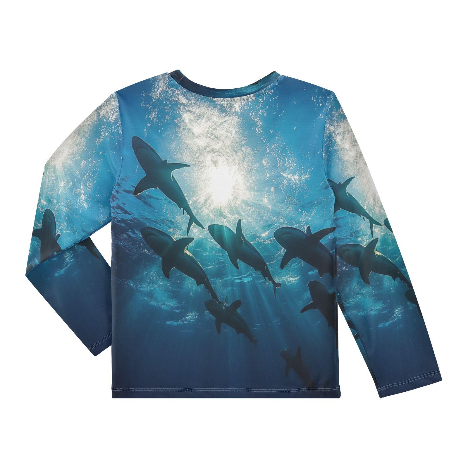 DOMIKING Shark Ocean Blue Boys Long Sleeve Rashguard Shirt Kids Quick Dry Swim Shirt for Running Swiming Pool 9-10T