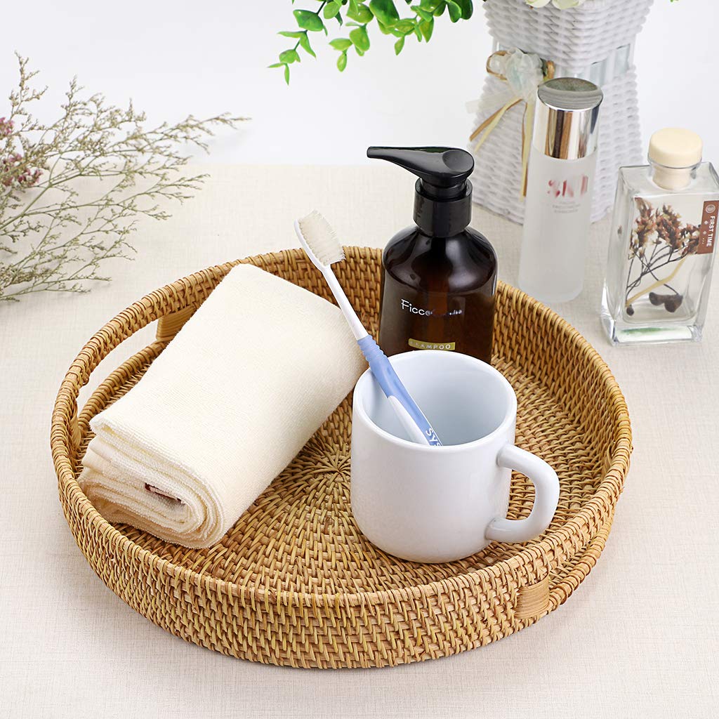 Rattan Serviertablett mit Griffen Rundes Gewebtes Korbtablett Weidengeflecht Tablett Rattantablett Dekoratives Servierkorb Aufbewahrungskorb für Obst Brot Kekse Süßigkeiten Spielzeug 30CM