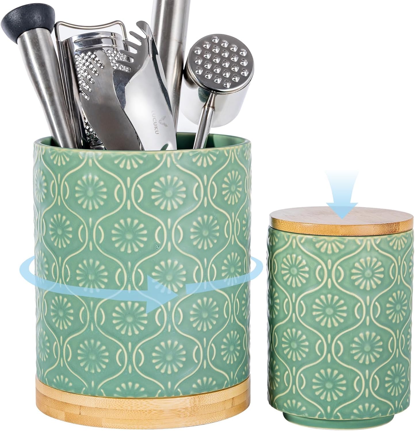 TEATALK Ceramic Utensil Holder Set, 360° Rotating Organizer for Countertop, Farmhouse Vintage Style, Large and Small Crocks in Green，7.7"+5.7"