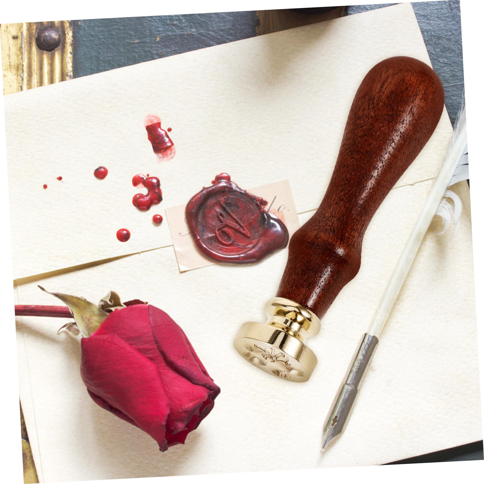 HOMSFOU 4 Sätze Wachssiegelstempel mit Holzgriff Blumenmuster für Einladungen Umschläge DIY Projekte und Besondere Anlässe Kupferstempel für Einzigartige Designs