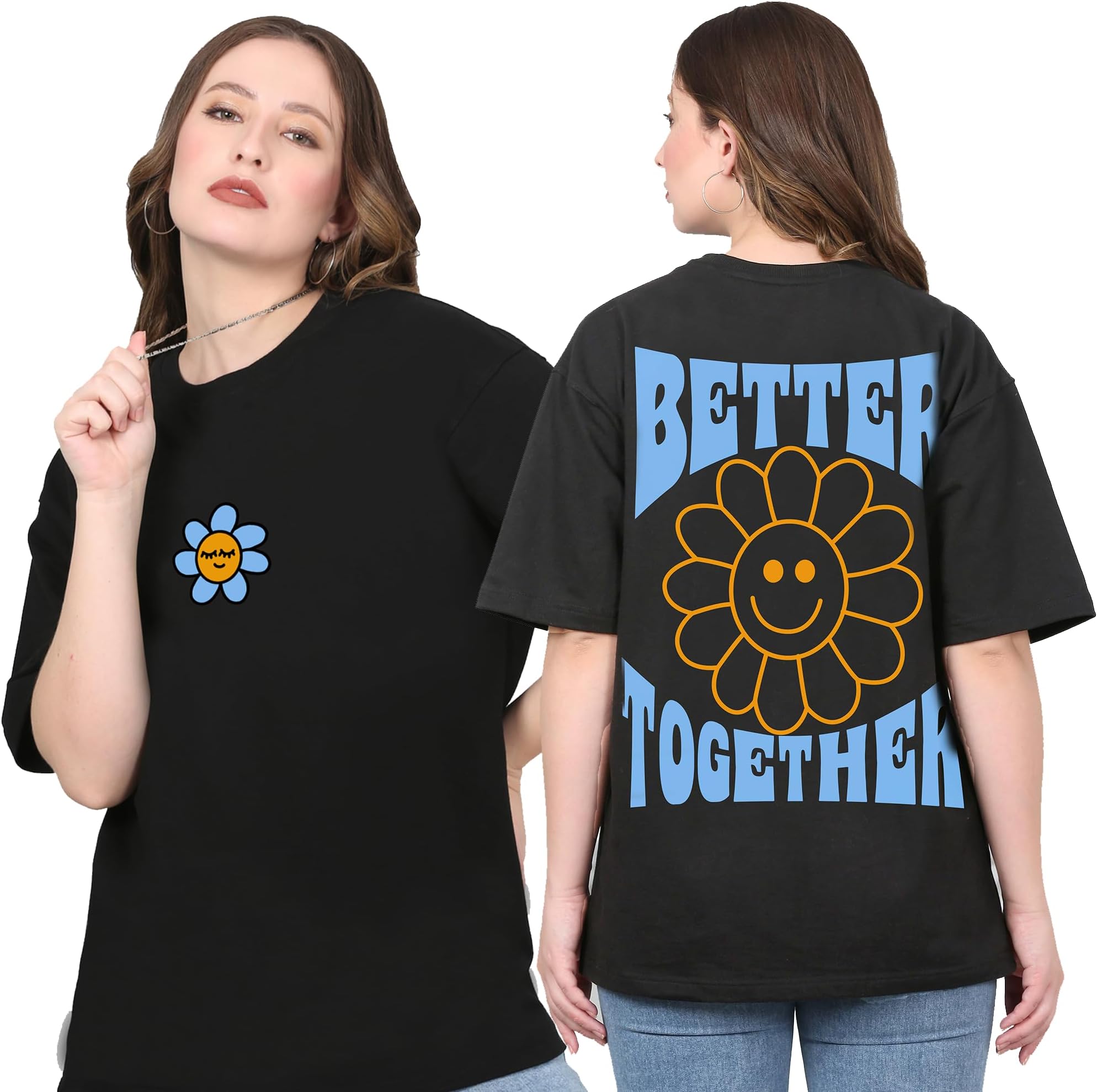 Better Together Design Oversized Black Tshirt for Women and Men Couple Drop Shoulder Unisex Baggy Loose Fit T-Shirts